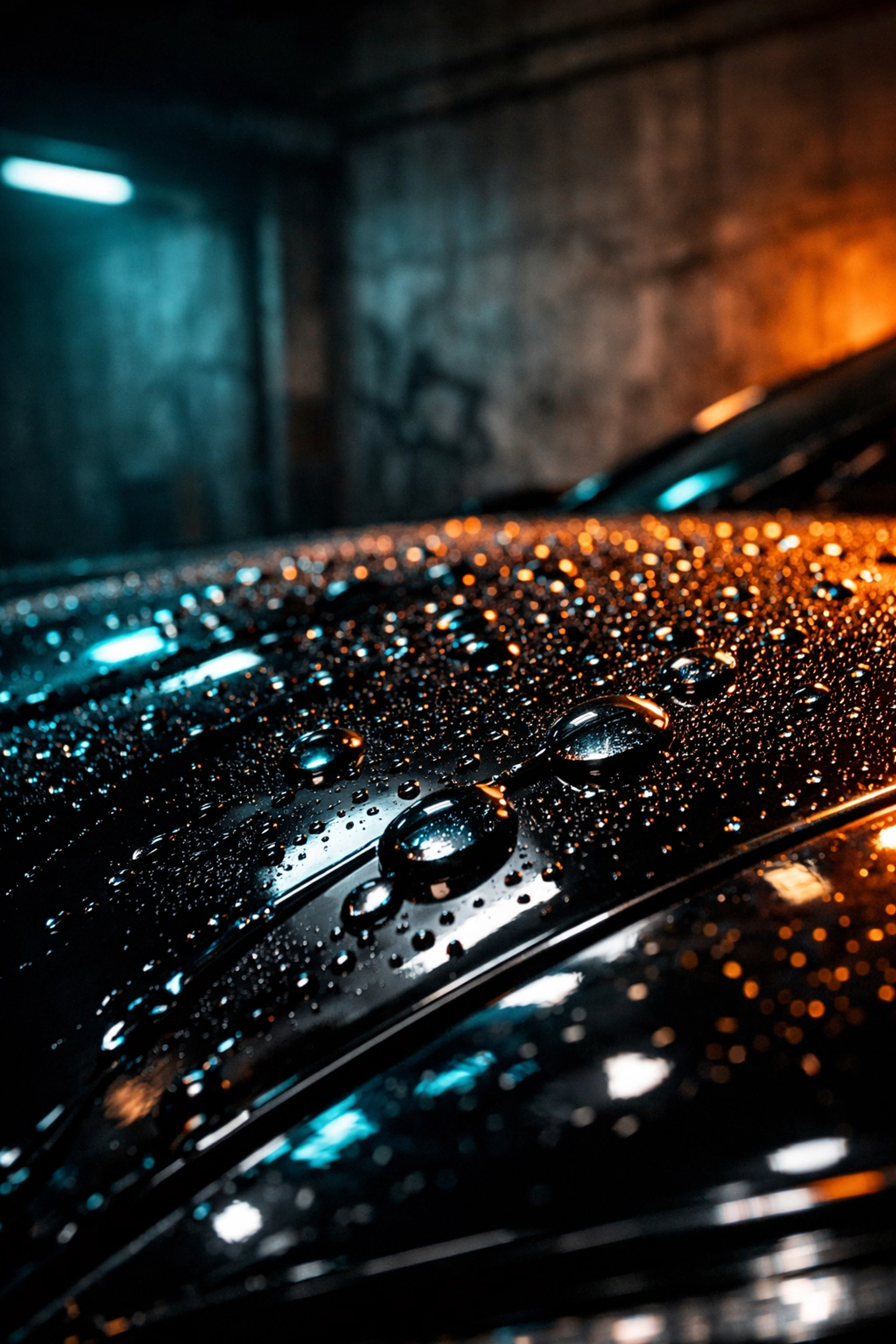 Water droplets beading off ceramic coated car hood demonstrating hydrophobic paint protection