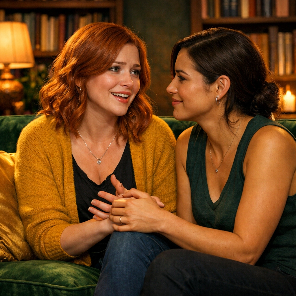 A lesbian couple having a supportive conversation surrounded by queer fiction books.
