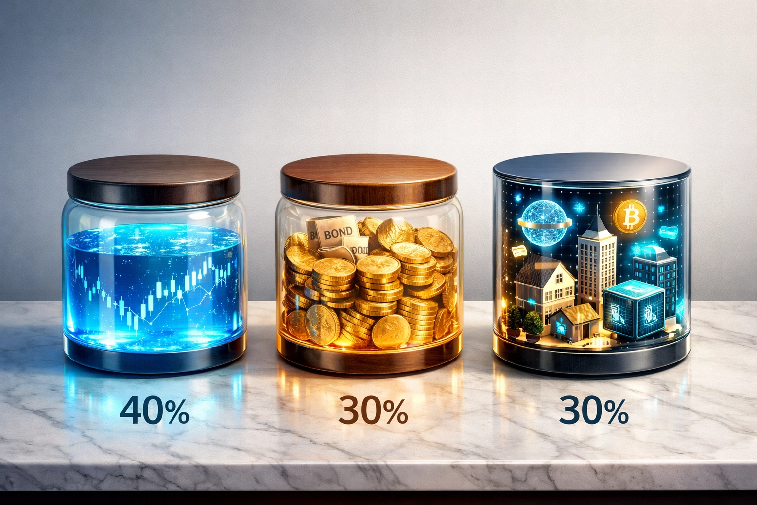 40/30/30 portfolio allocation showing equities, bonds, and alternative investments with digital assets