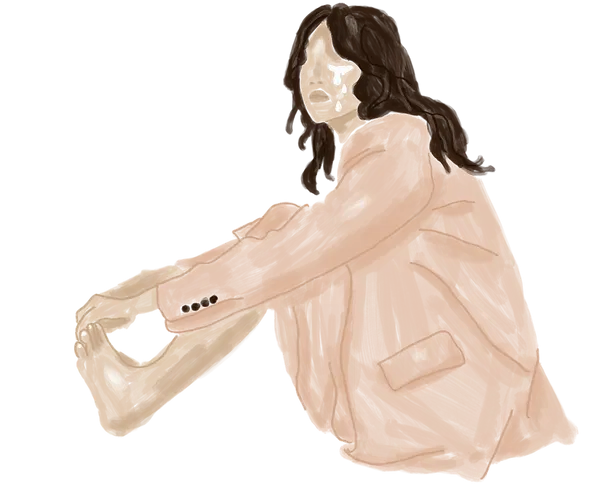 Digital illustration of a person with a neutral expression sitting with knees drawn up, wearing a loose, peach-colored jacket. Their face is partly obscured with a visible tear, suggesting emotional distress.