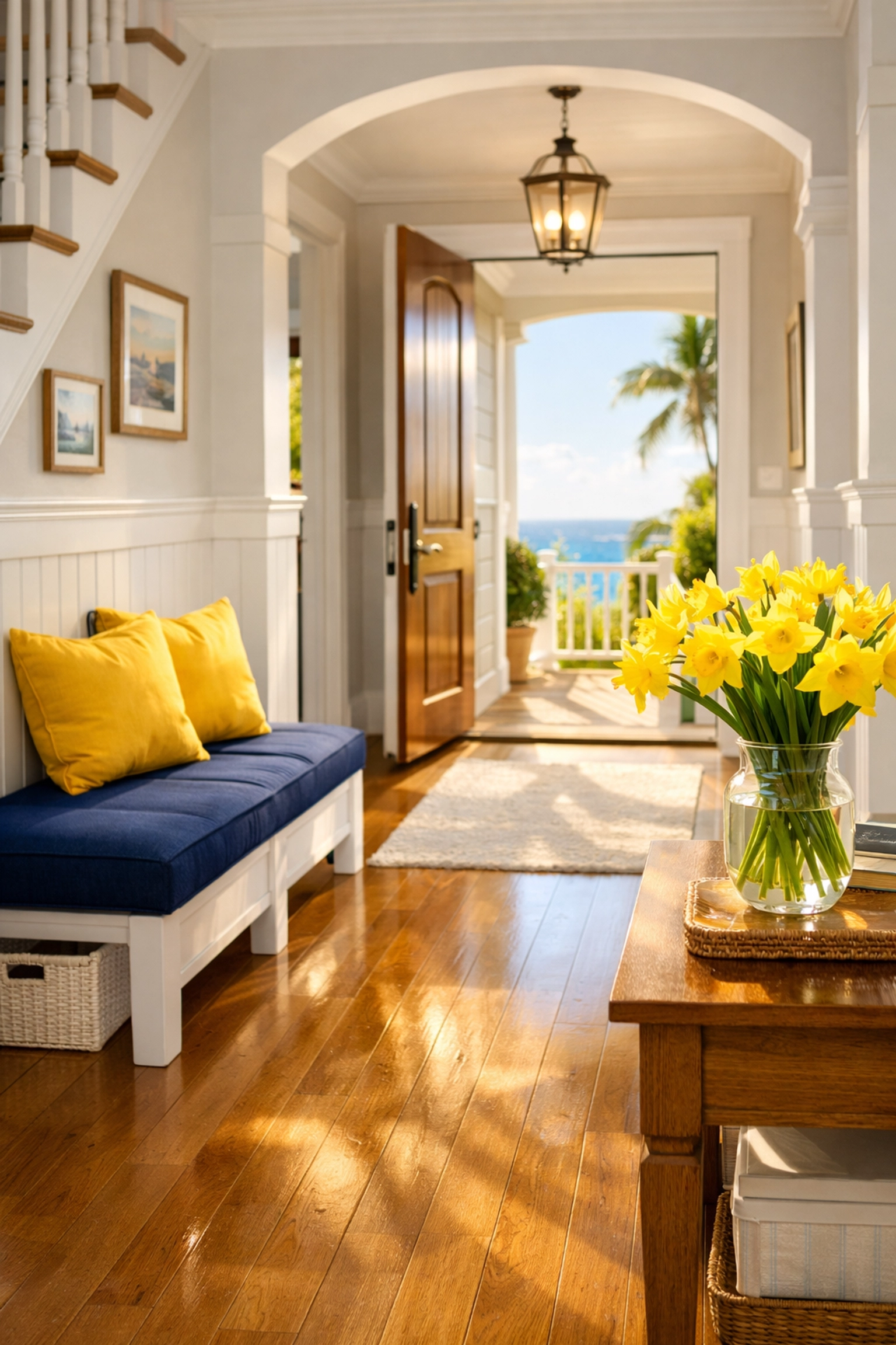 A bright and welcoming coastal entryway perfectly maintained by deep cleaning in Marblehead.