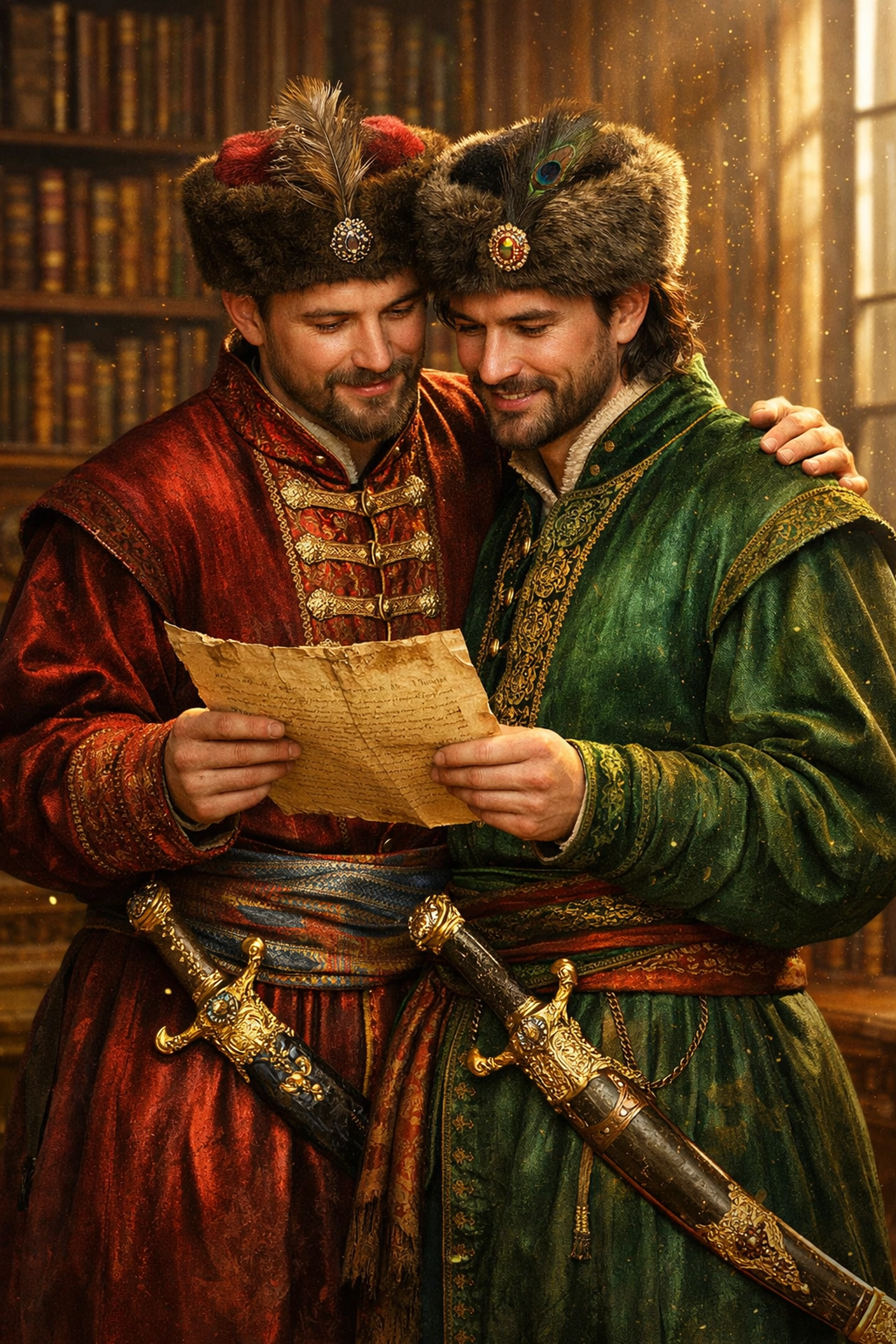Sarmatian nobles in traditional robes showing affection, capturing queer history themes for LGBTQ+ Kindle books.