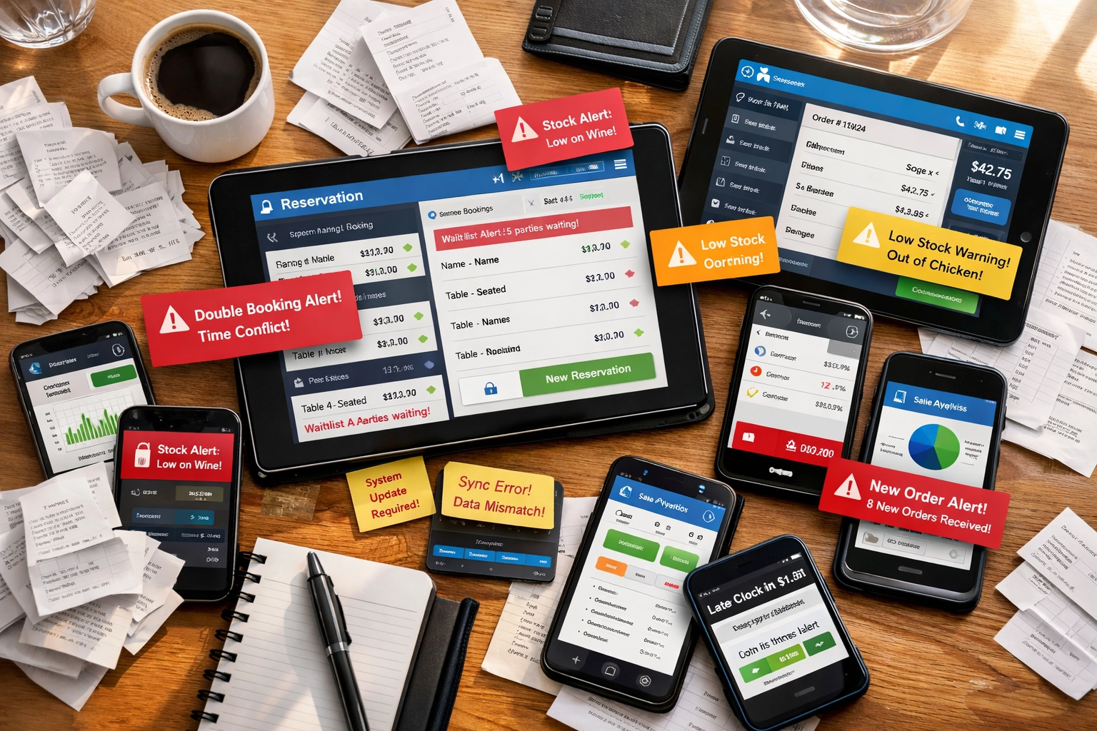 Multiple tablets and devices showing restaurant software dashboards on manager's desk