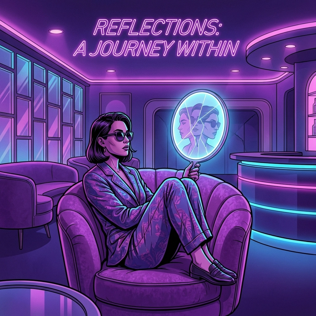 Person in their late thirties reflecting on identity and polyamory in a vibrant, introspective lounge atmosphere