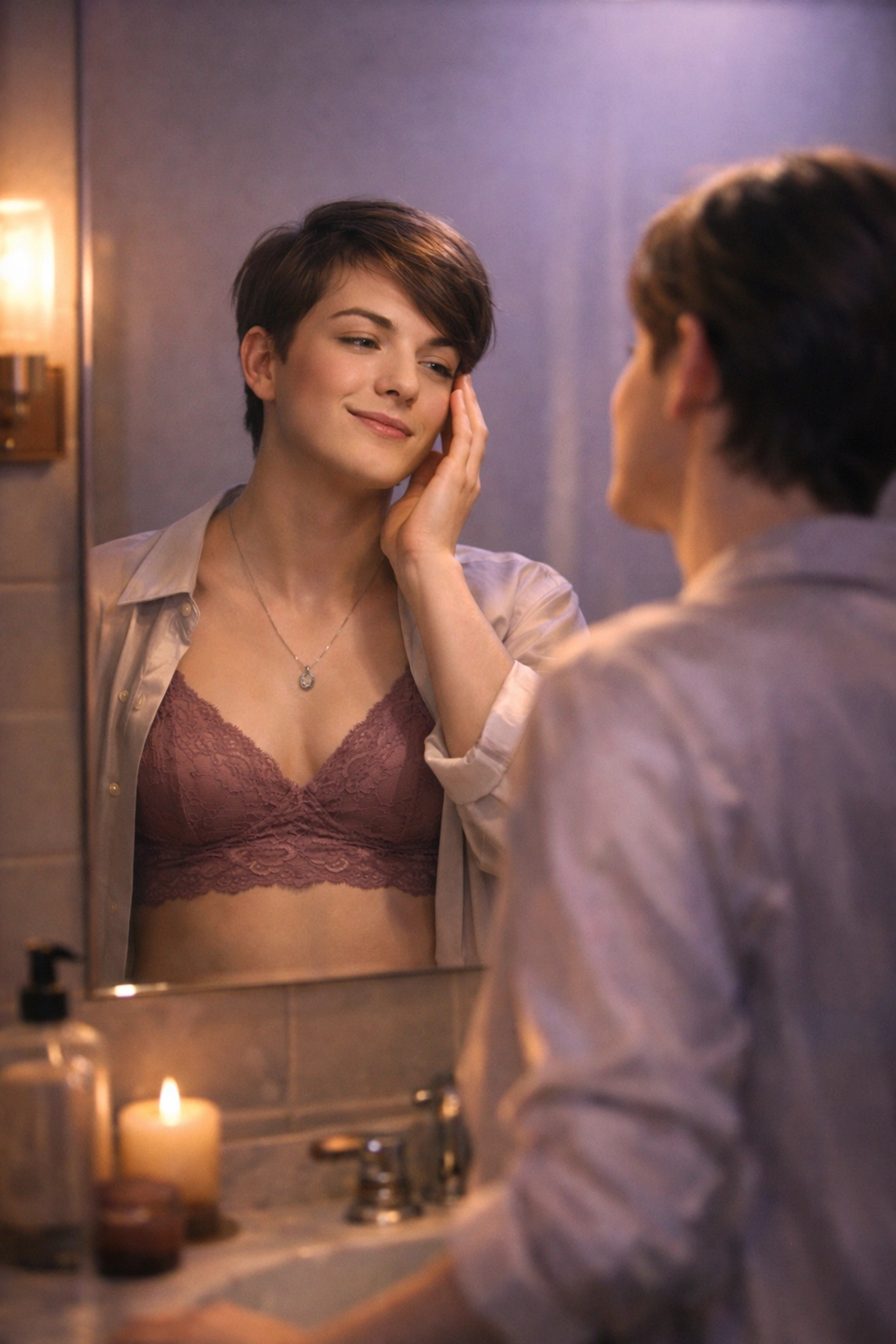 A serene moment of self-recognition and gender affirmation, a powerful transition in the queer life journey.