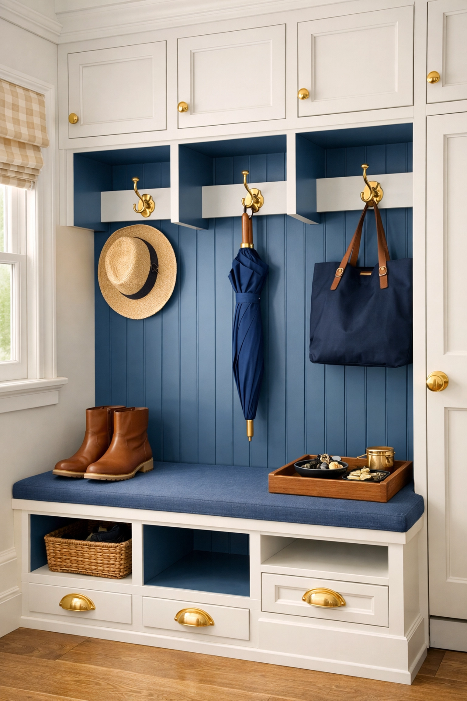 Perfectly organized mudroom in a Stow, MA residence showcasing professional cleaning and attention to detail.