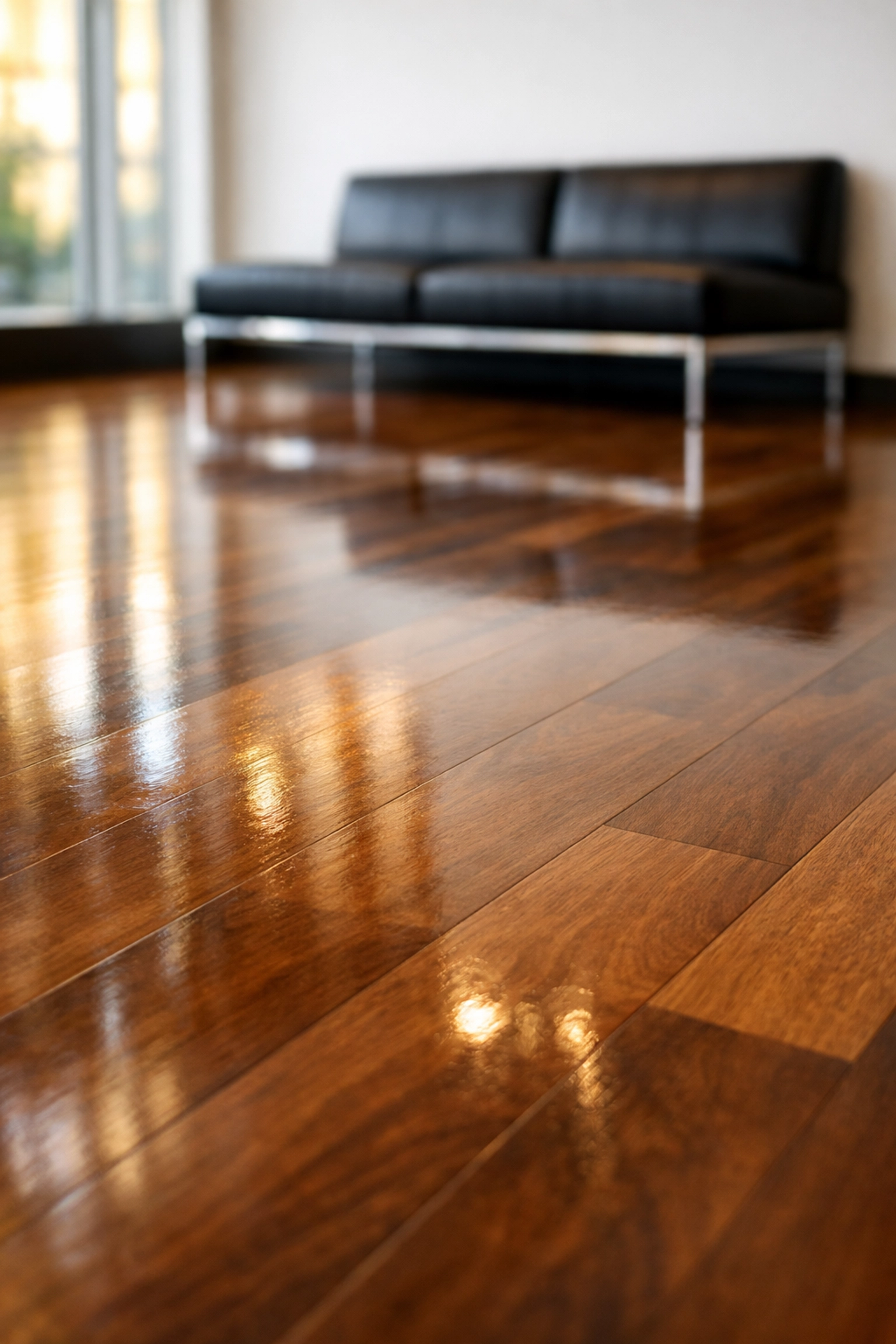 Perfectly polished hardwood floor in a professional corporate lobby reflecting natural light.