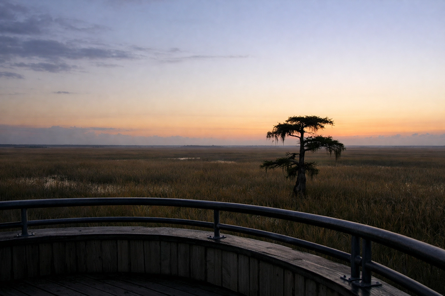 Sunrise landscape at Pahayokee Overlook featuring a cypress tree silhouette in the Everglades.