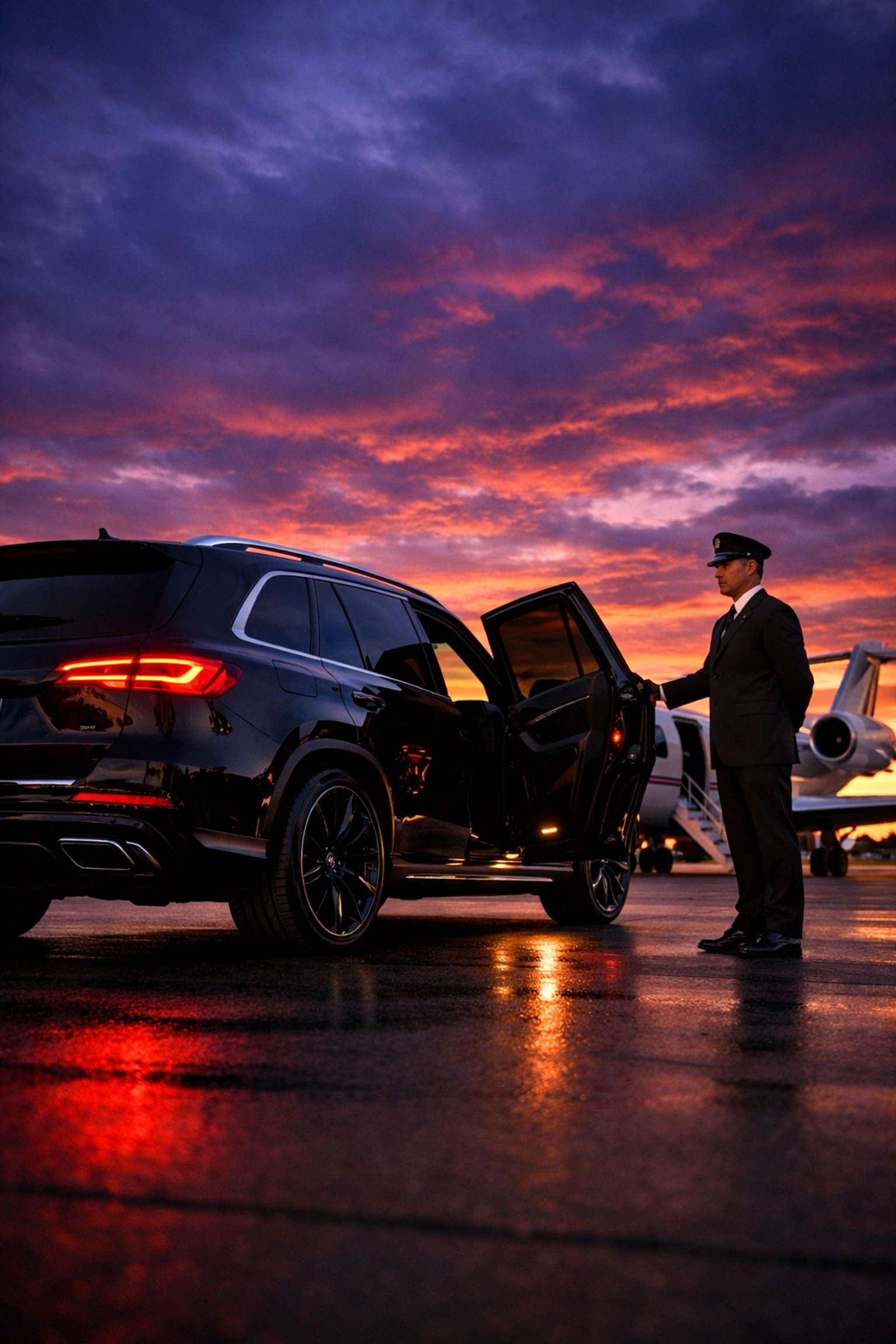 Executive transportation: luxury SUV and private jet with professional chauffeur on tarmac