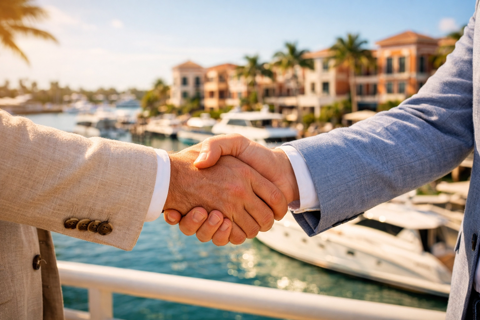 Business broker in Fort Myers closes a deal at a Naples marina with a professional handshake.
