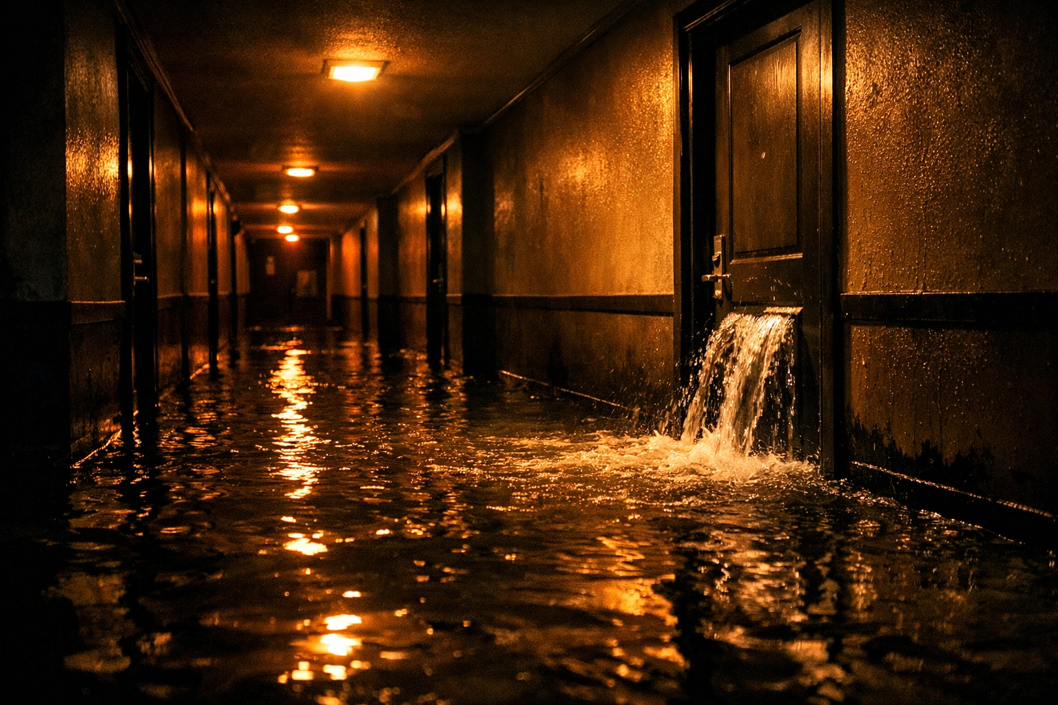 Flooded condo hallway showing severe water damage from an undetected pipe burst
