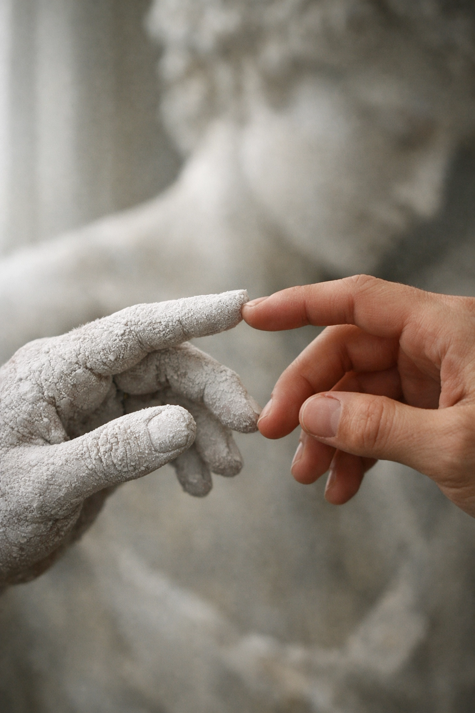 Two male hands nearly touching in intimate moment contrasting marble dust and warm skin