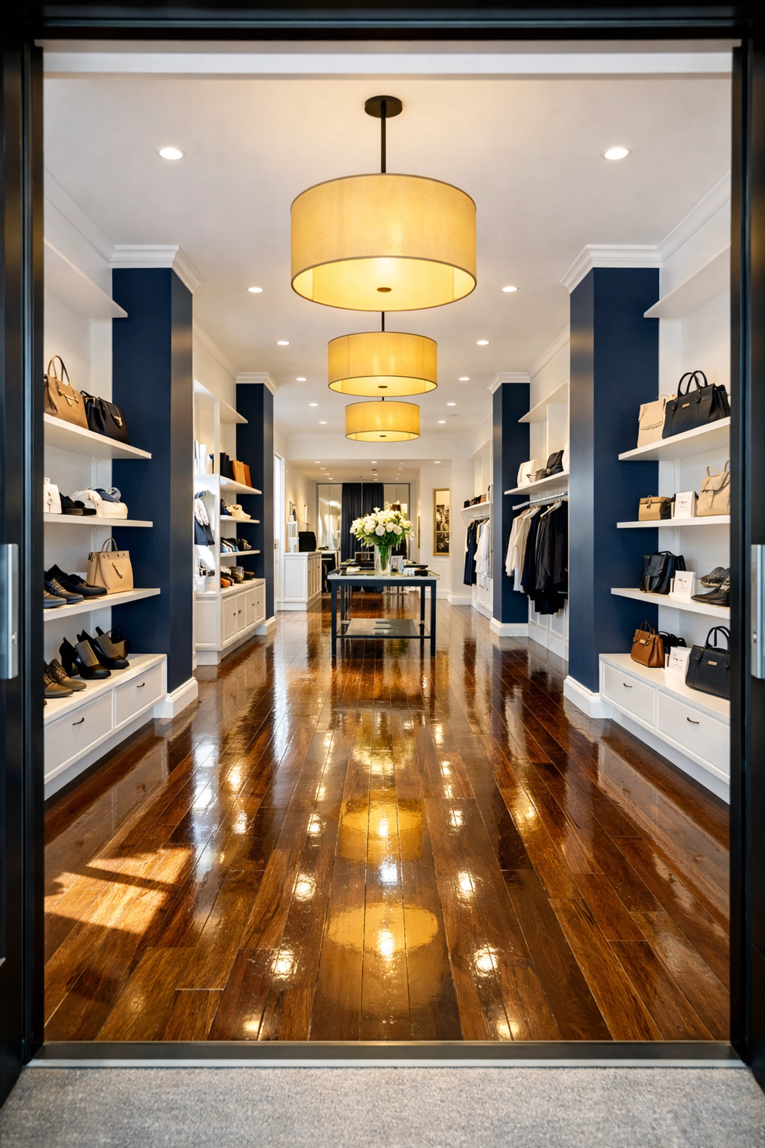 Clean boutique entrance in Fitchburg with polished hardwood floors and organized retail displays.