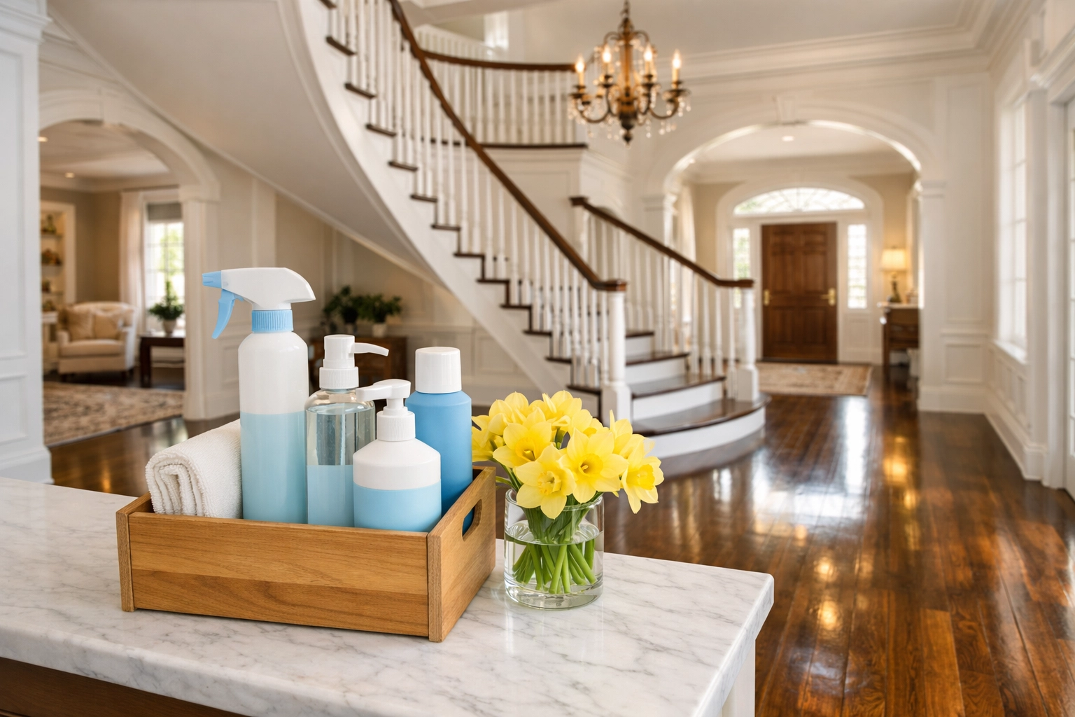 Pristine colonial foyer in Massachusetts featuring eco-friendly luxury house cleaning in Lexington.