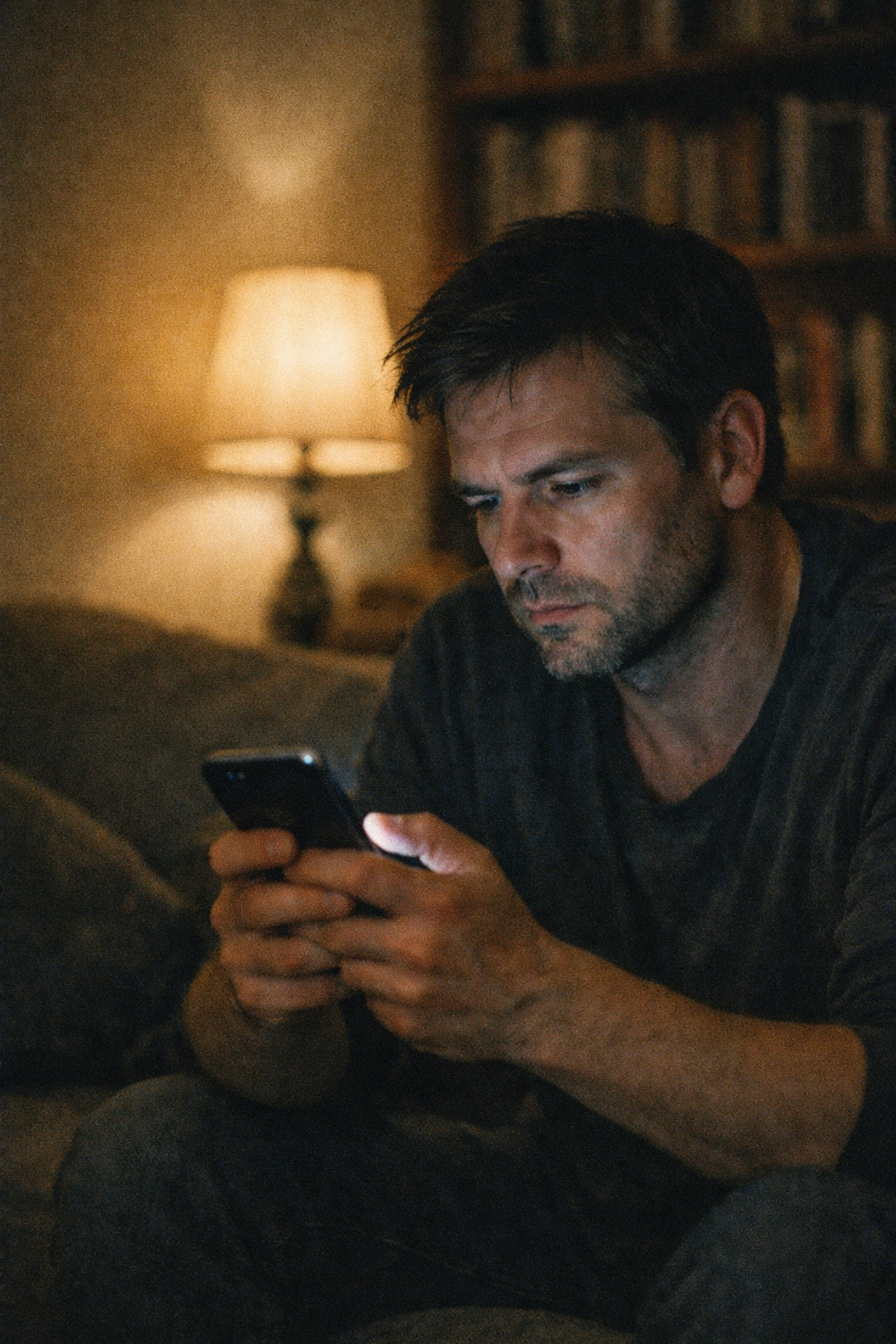 Tanácstalan férfi okostelefonnal a kezében keresi a merevedési zavar megoldását az interneten.