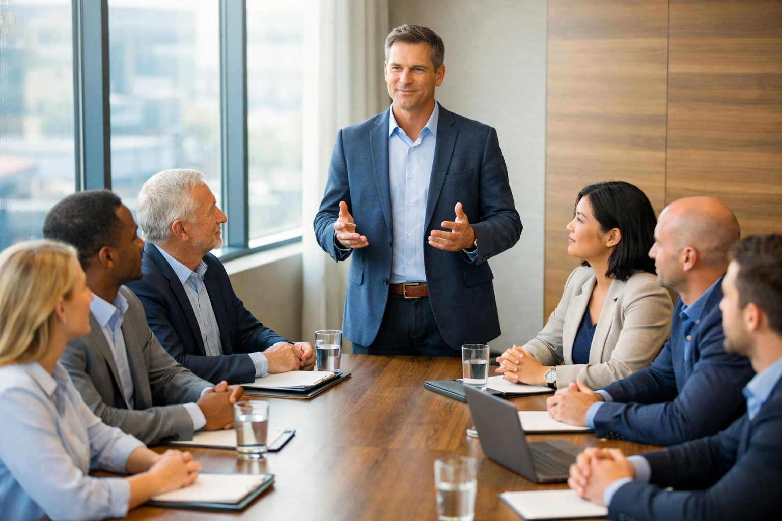 Calm manager leading engaged team in conference room demonstrating crisis leadership composure