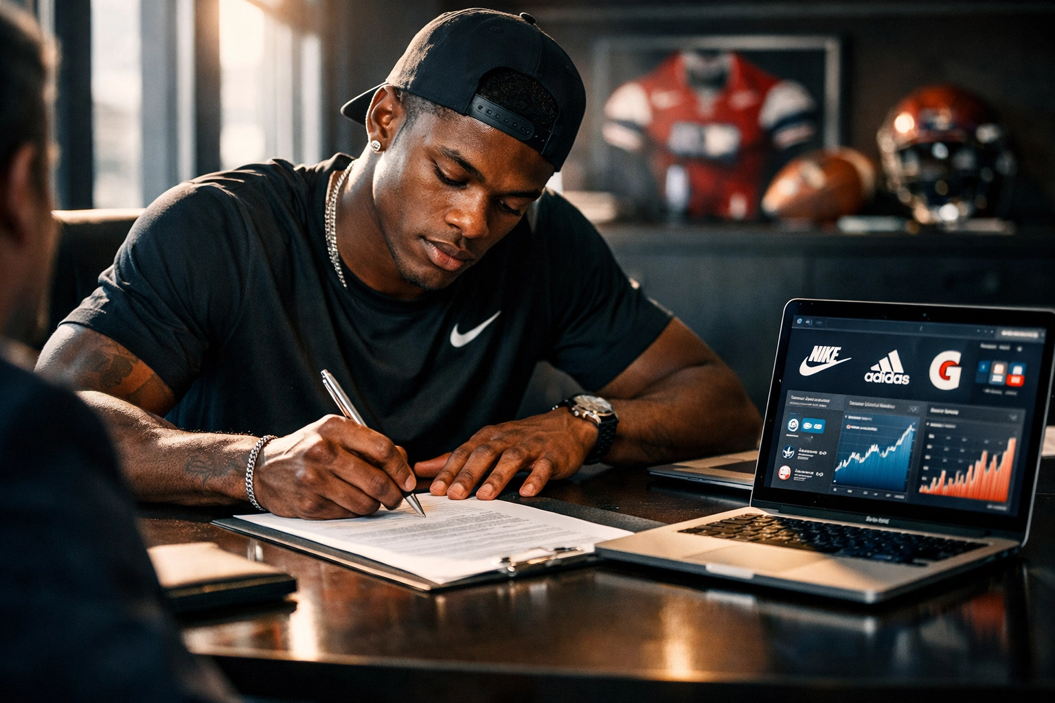 College athlete signing NIL partnership contract to monetize name image and likeness