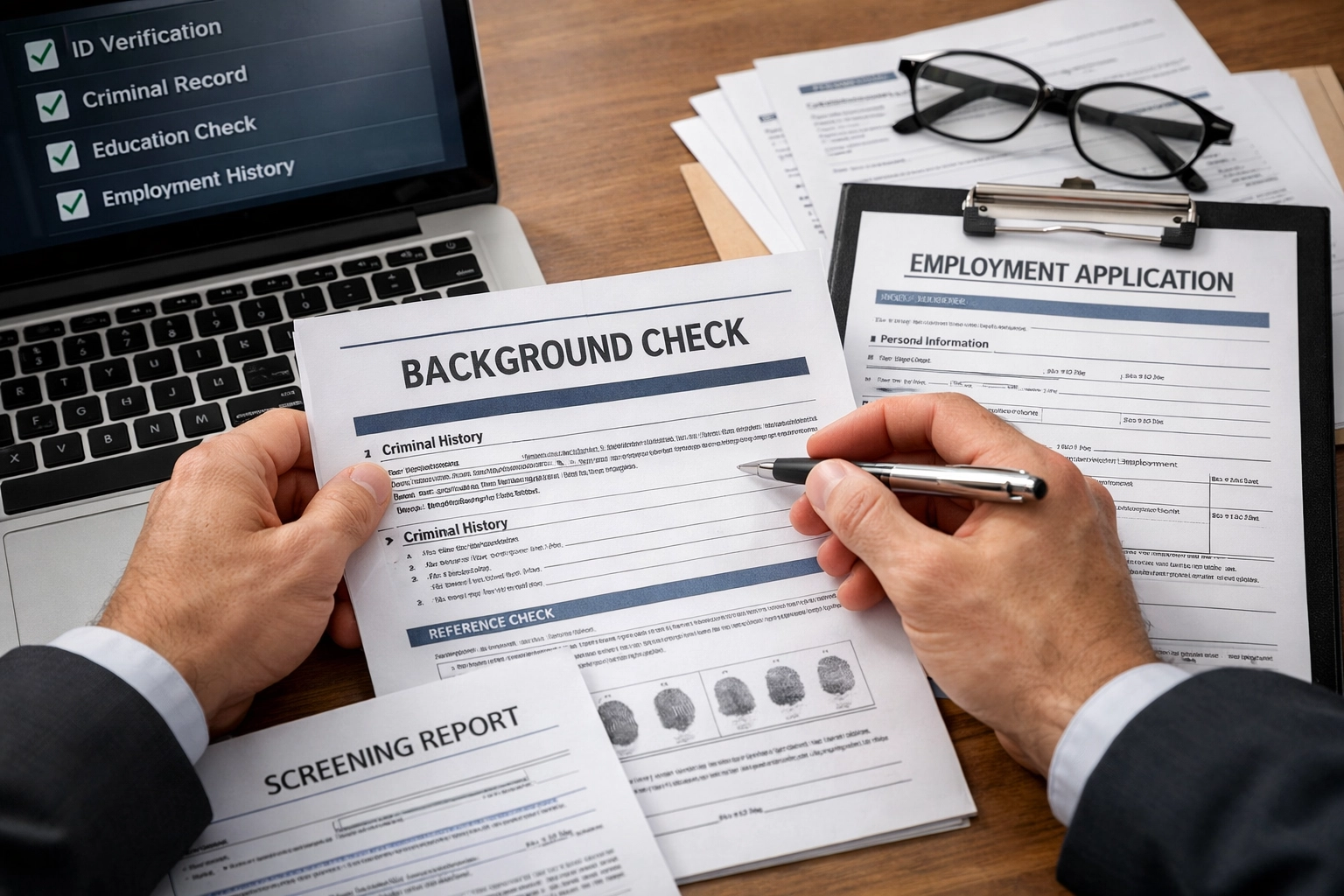 Background check documents and screening paperwork for security guard hiring