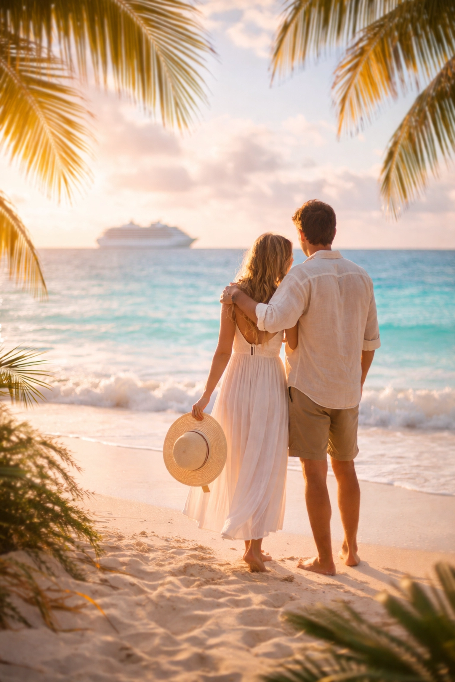 Smiling couple stands on a tropical beach at sunset, cruise ship in background, representing tax refund travel rewards.