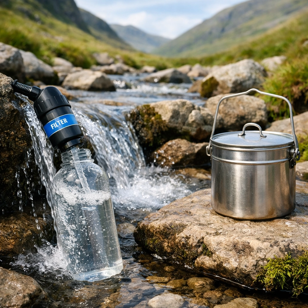 Water filter filling bottle at UK stream beside billy can for wild camping water safety