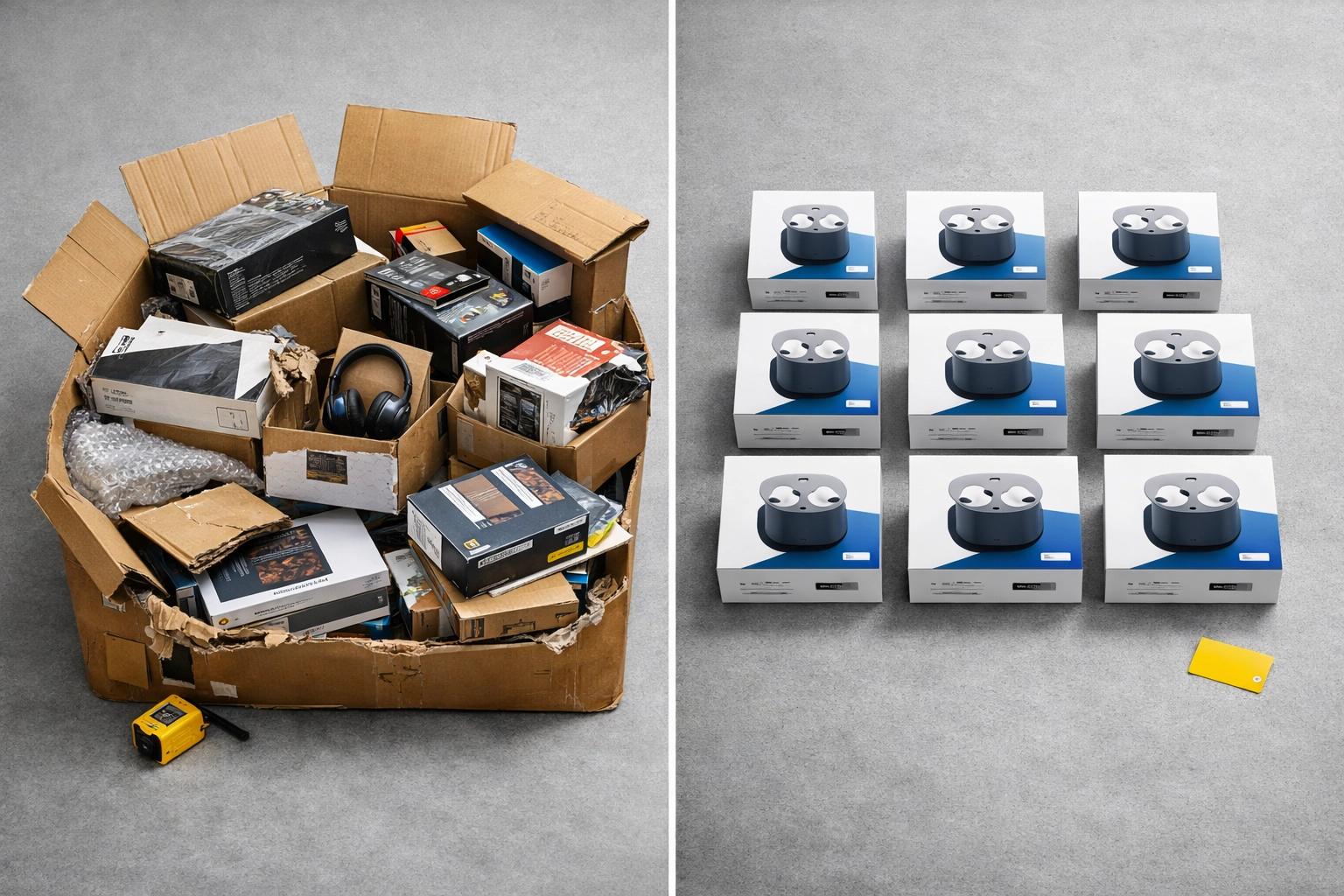 Comparison of damaged liquidation returns versus new wholesale products in retail packaging