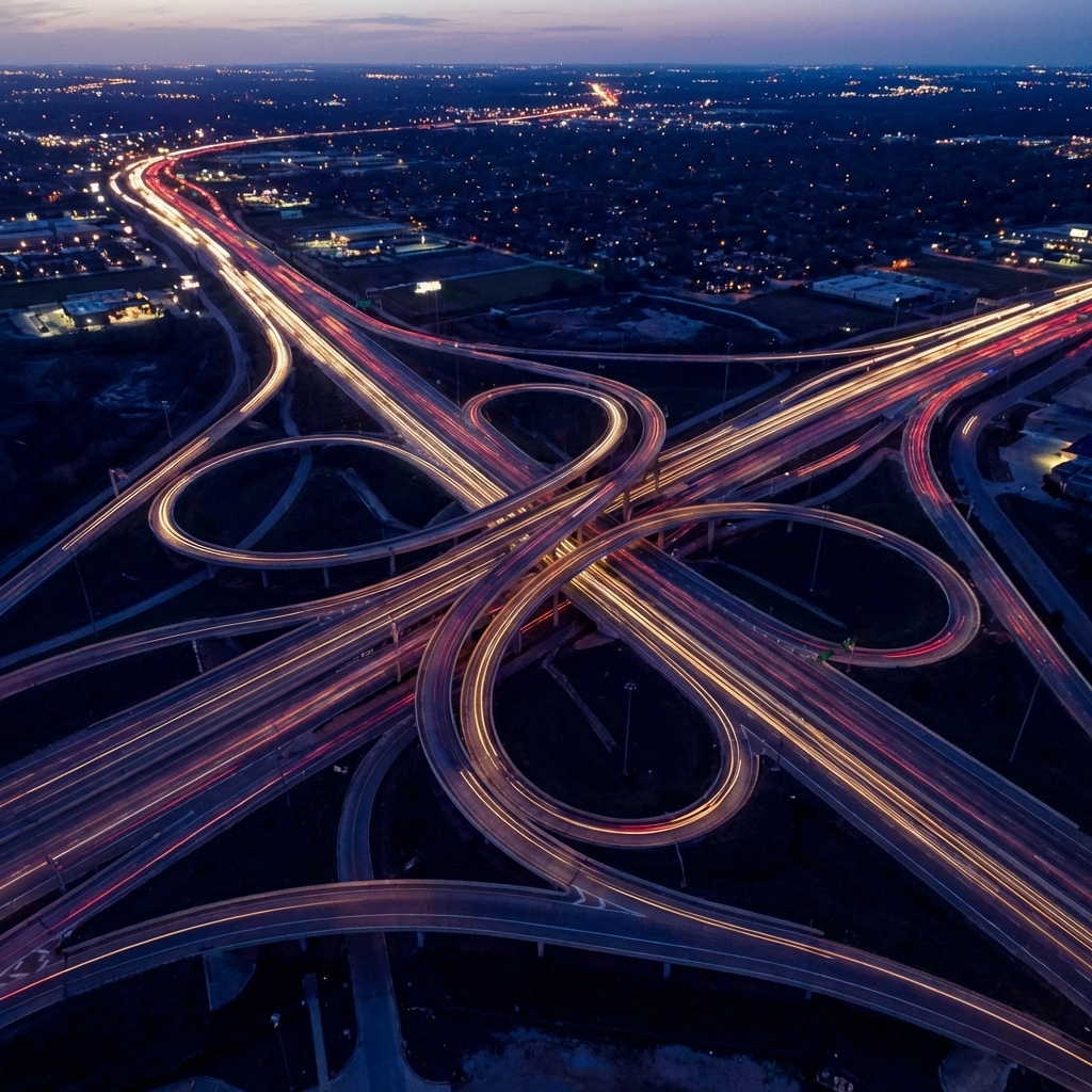 Aerial view of complex highway interchanges, representing diversified pathways in investment deal structures