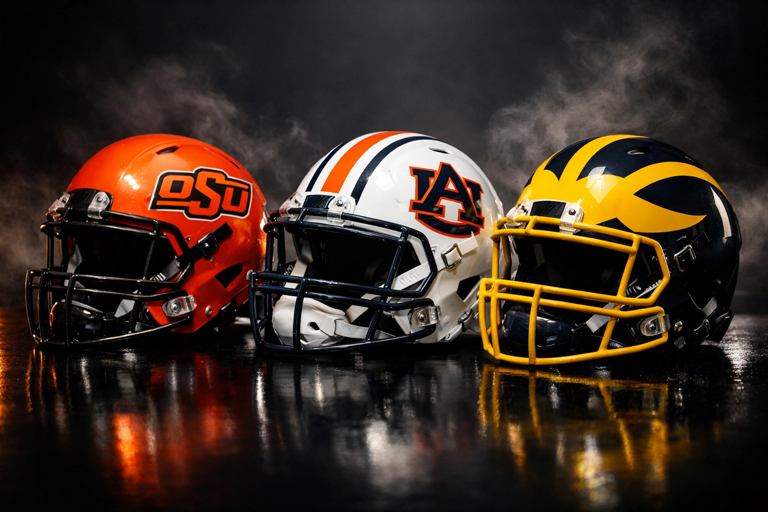 Oklahoma State, Auburn, and Michigan football helmets representing top transfer portal QB destinations