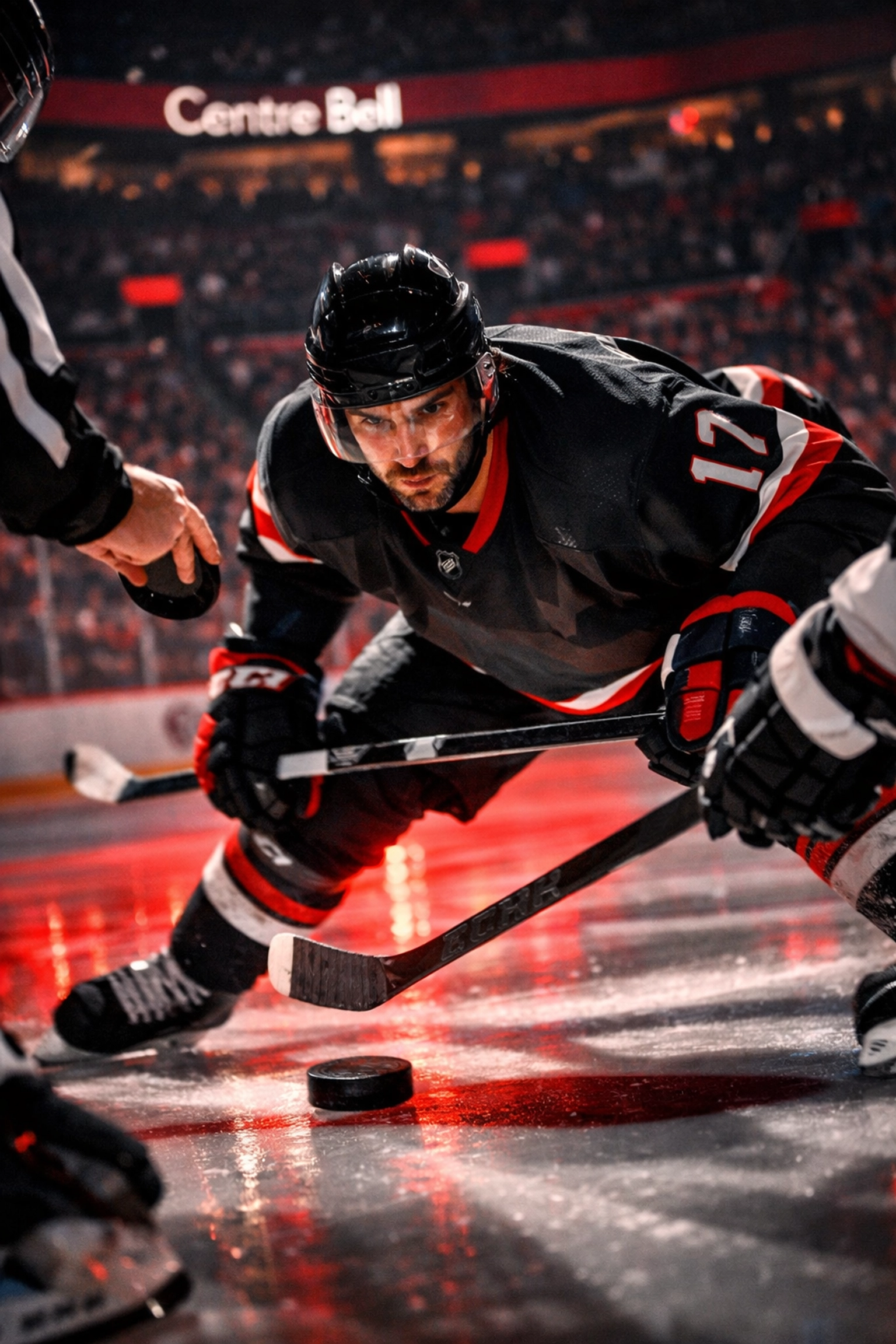 NHL hockey player taking faceoff at center ice during intense game action
