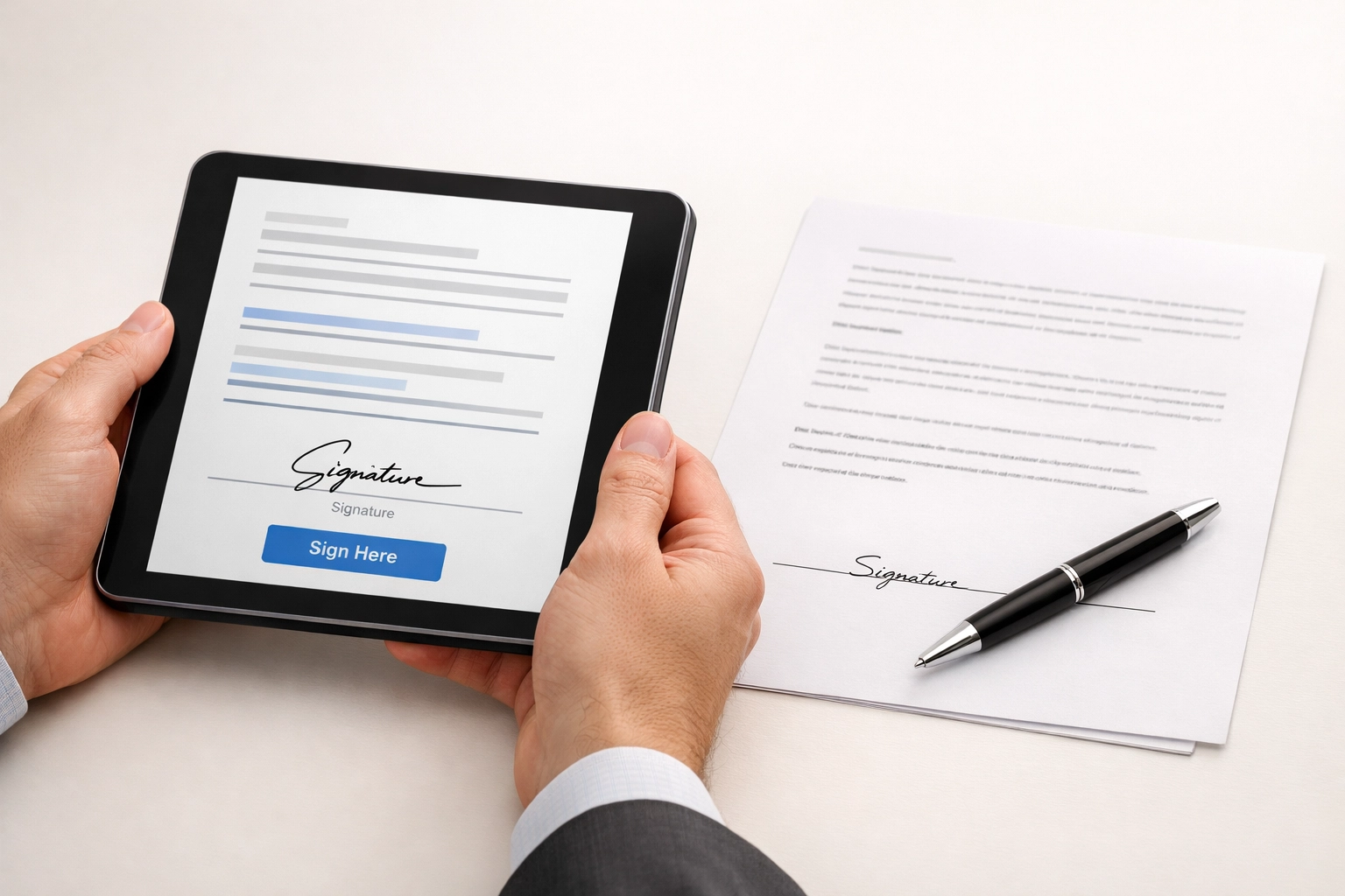 Digital tablet and paper documents comparing online notary vs traditional notarization methods