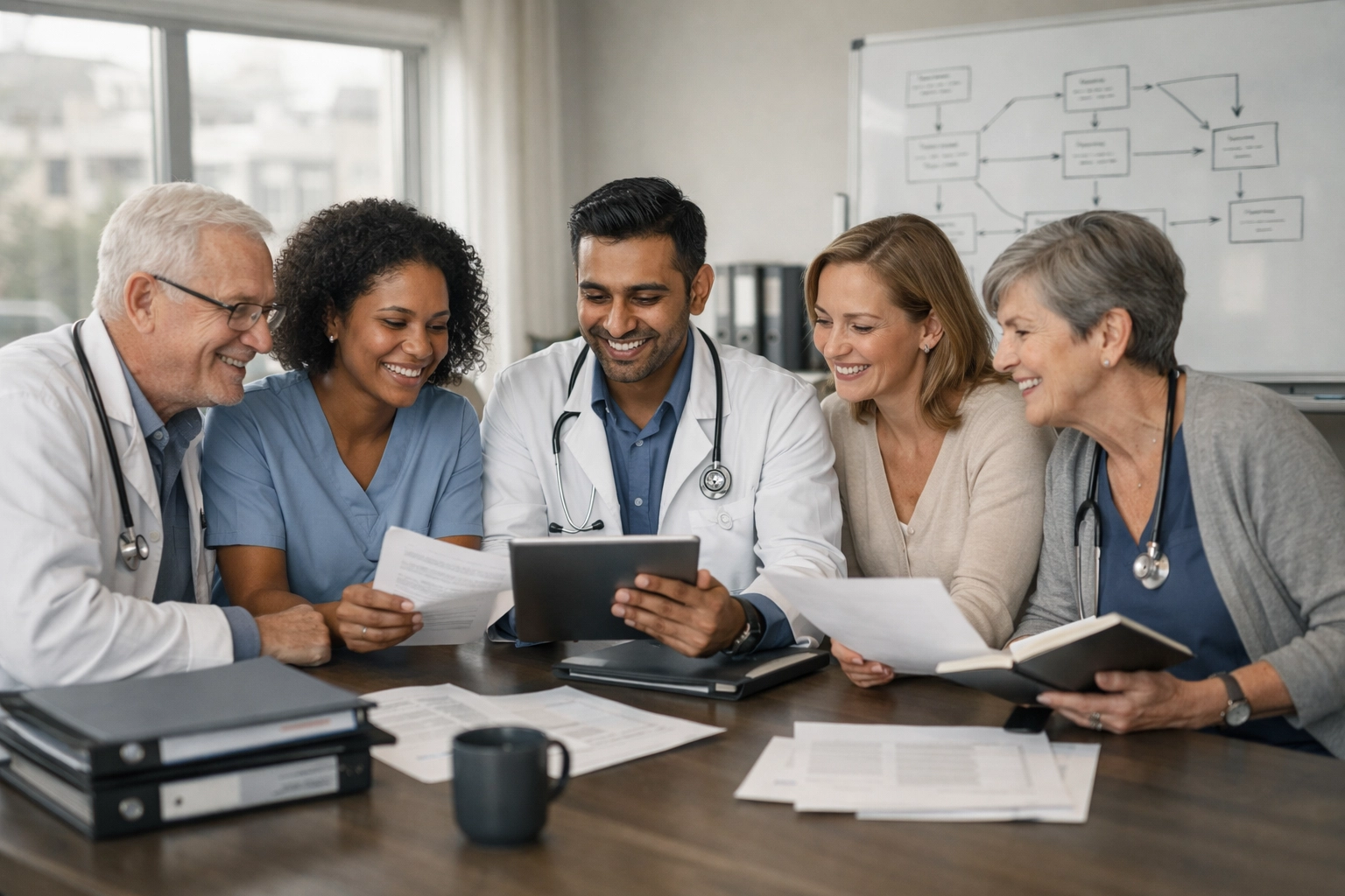 Healthcare practice team collaborating on workflow systems and documentation