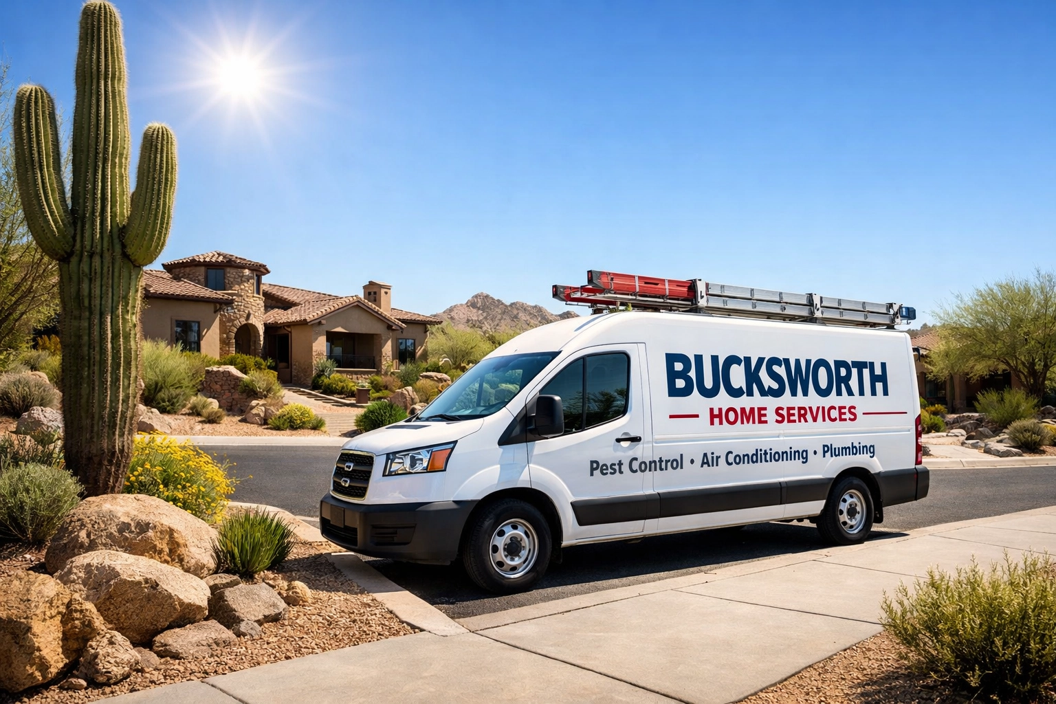 Bucksworth Home Services plumbing truck providing emergency services in a Scottsdale residential neighborhood.