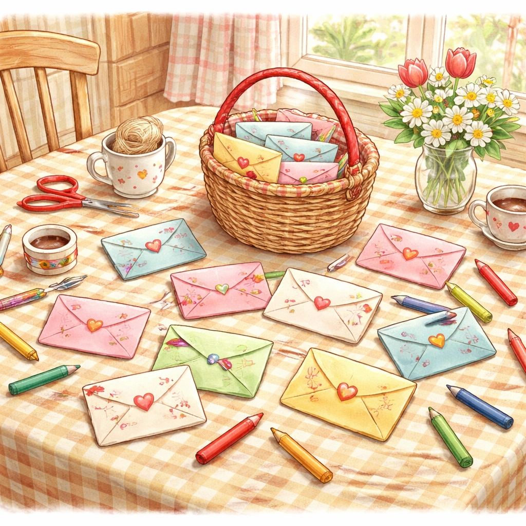 Cozy kitchen table with colorful handmade paper envelopes, crayons, and a small mailbag for kids' mail carrier game.
