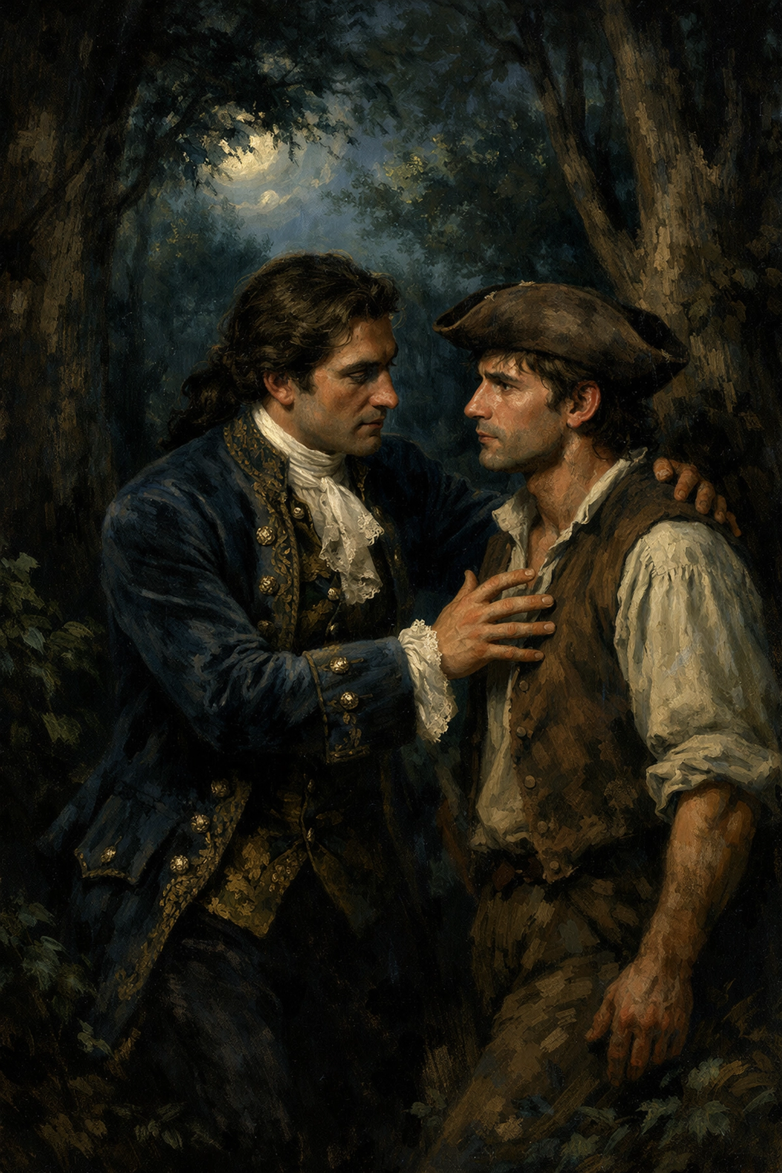 Colonial-era gay lovers meet secretly in forest clearing, depicting class divide and hidden relationship