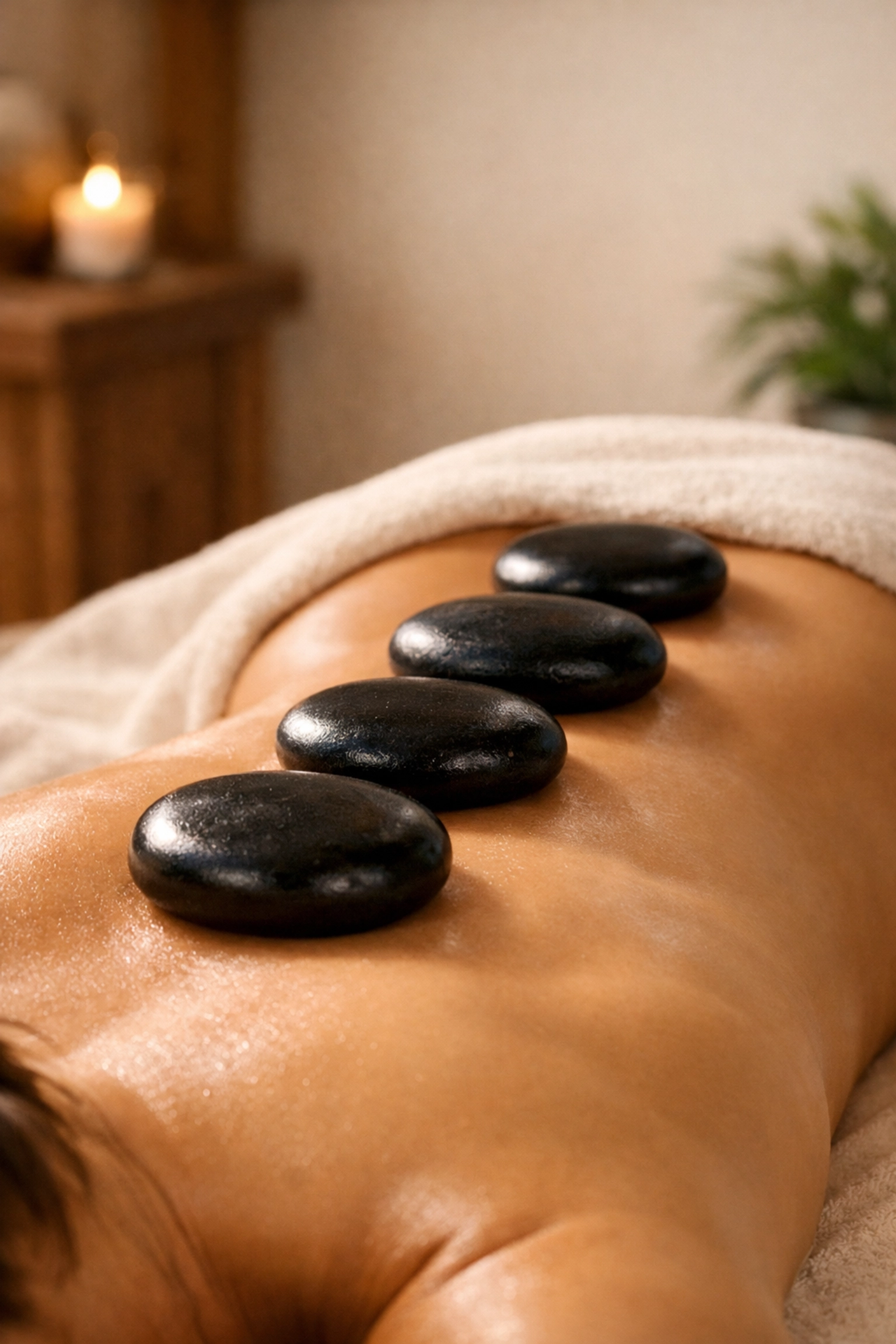 Smooth basalt stones used during a therapeutic hot stone massage in Edmonton to relieve deep muscle tension.