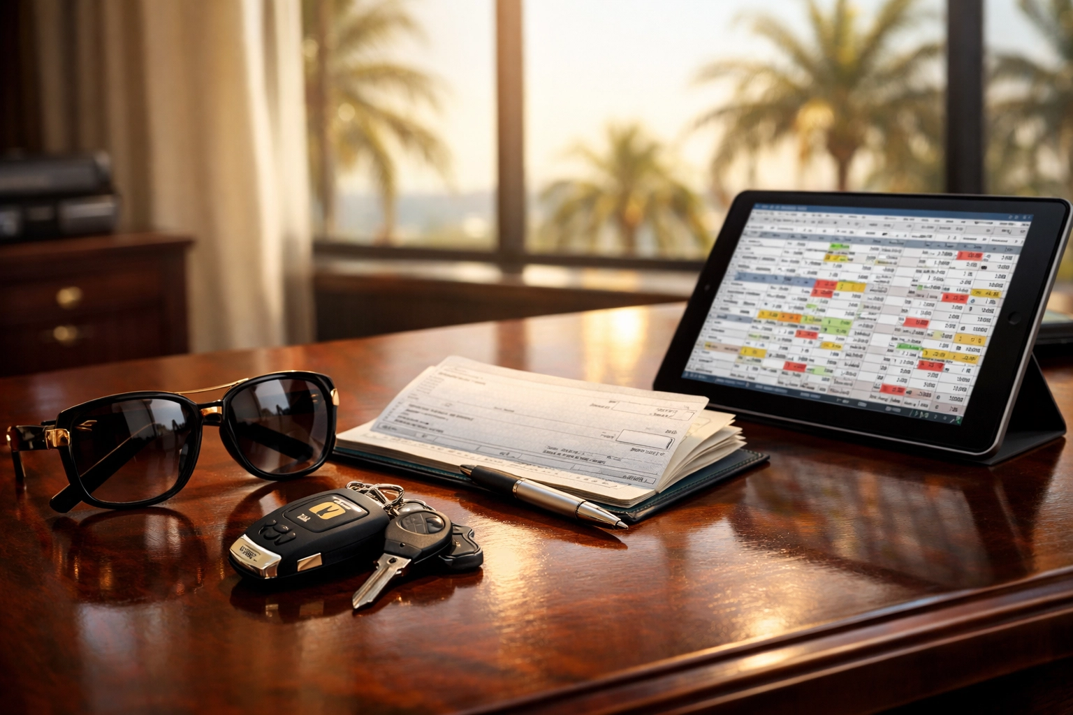 Car keys and business checkbook on a desk, illustrating personal expenses affecting business value.