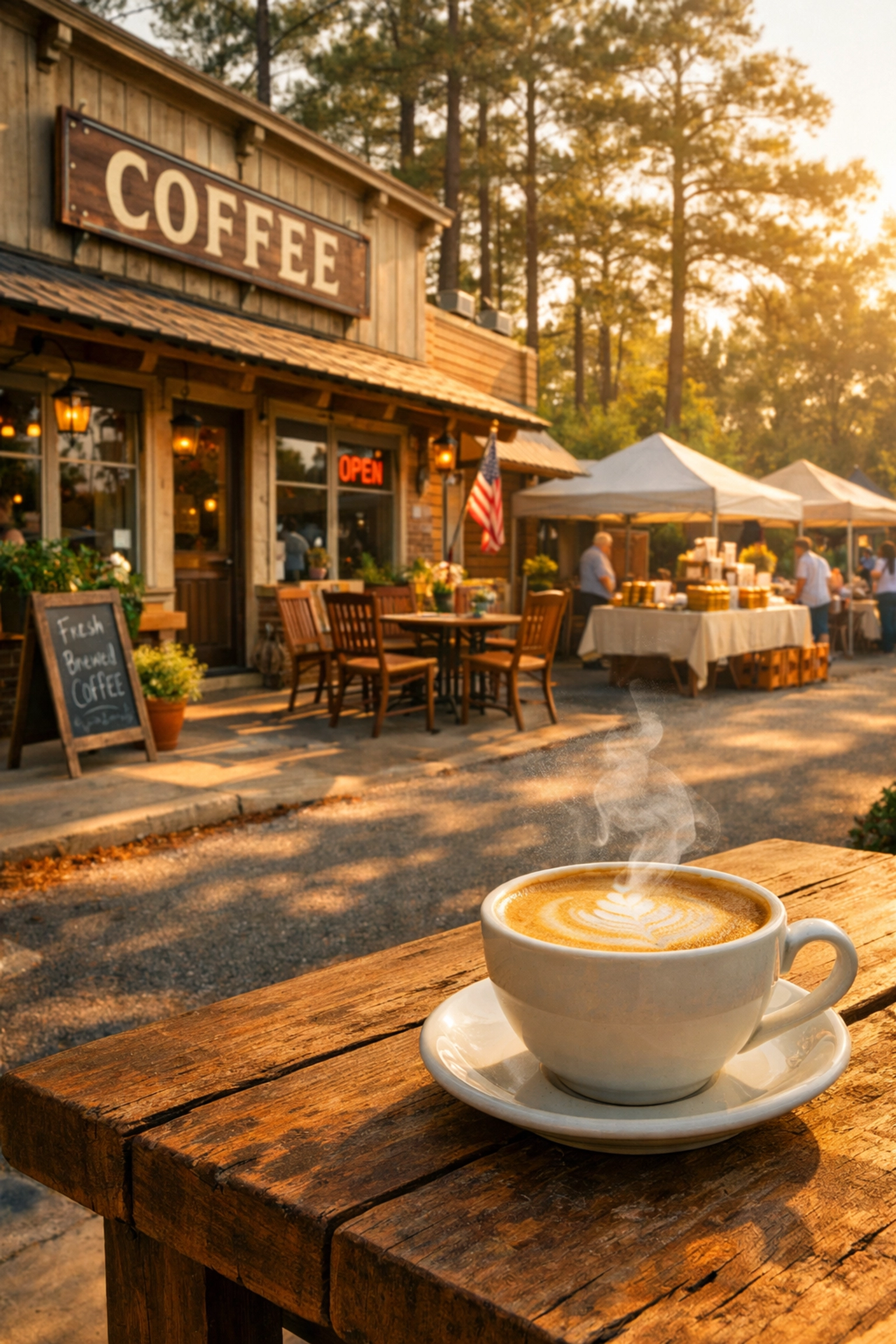 Saturday morning at a Summerville coffee shop with local vendors and outdoor seating