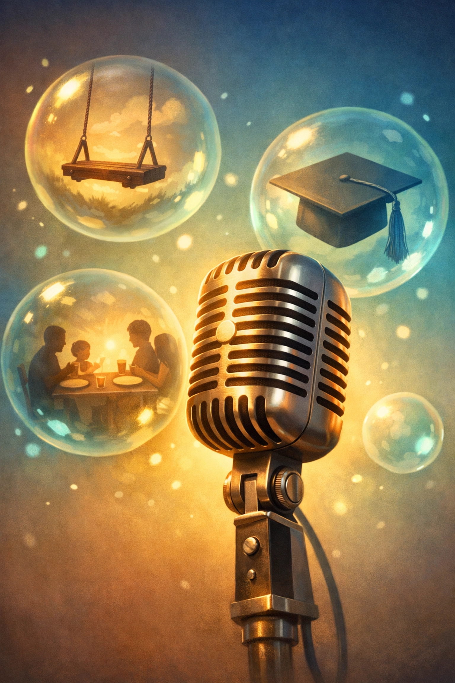 Microphone surrounded by memory bubbles for voice recording your life stories