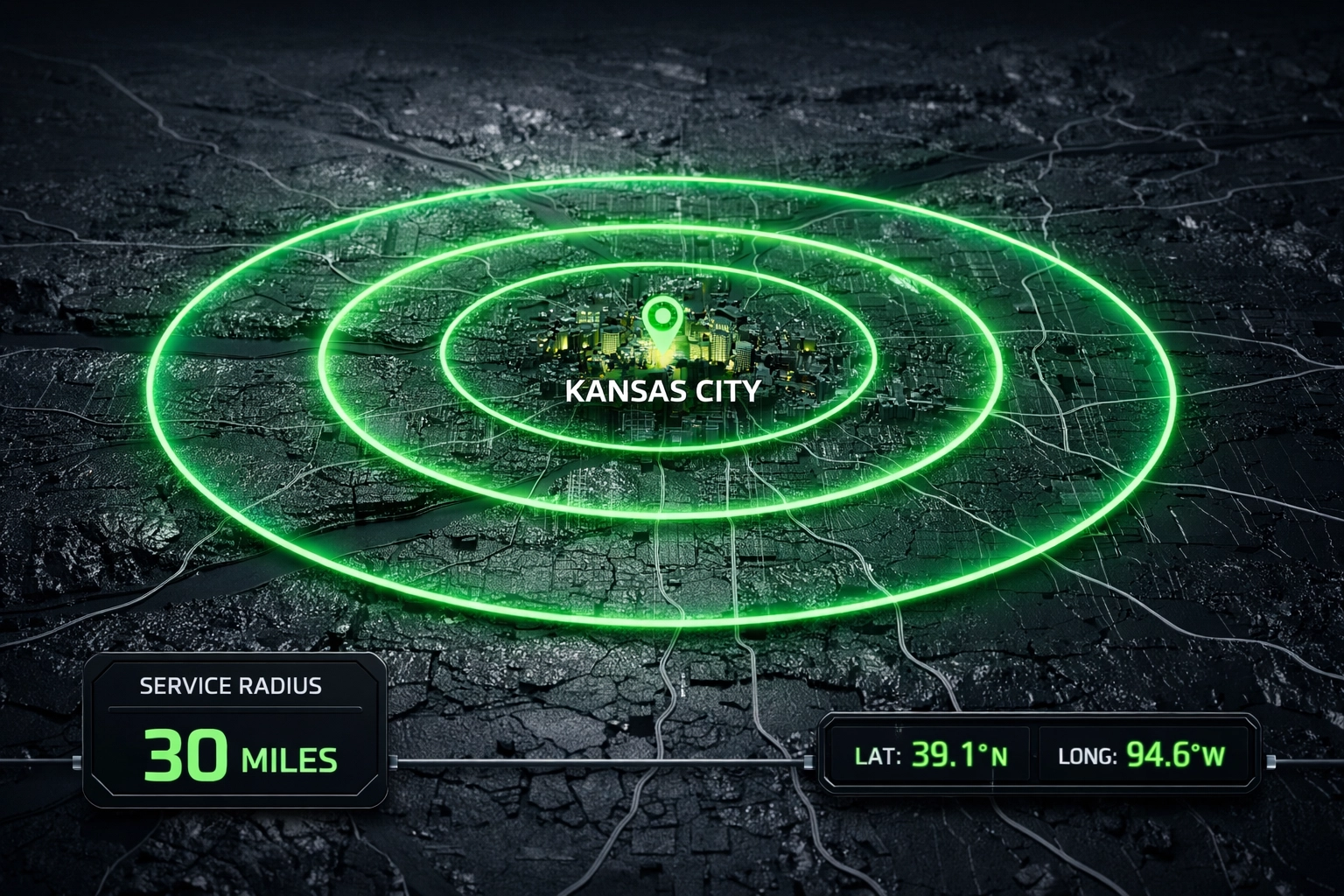 Digital map showing the 30-mile service radius for Kansas City MO towing operators.