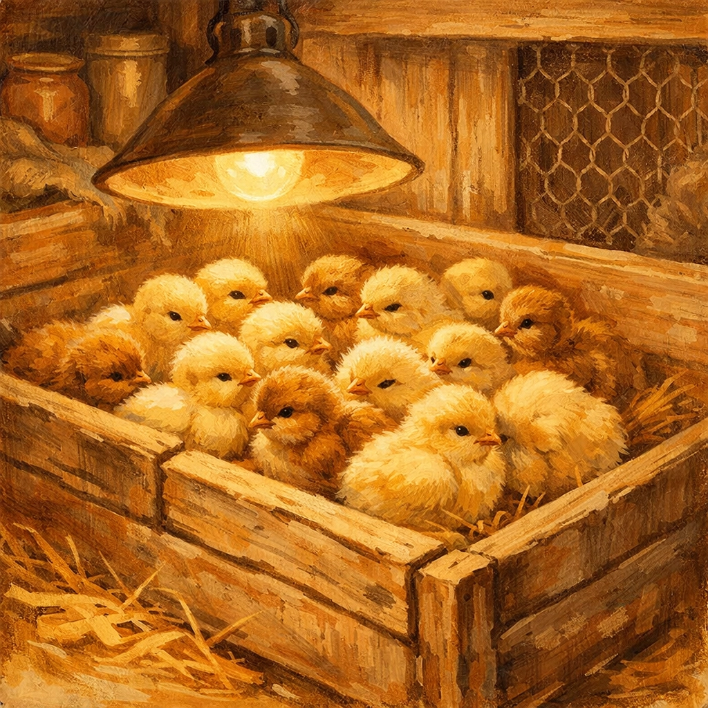 Baby chicks huddled in brooder box under heat lamp at farm