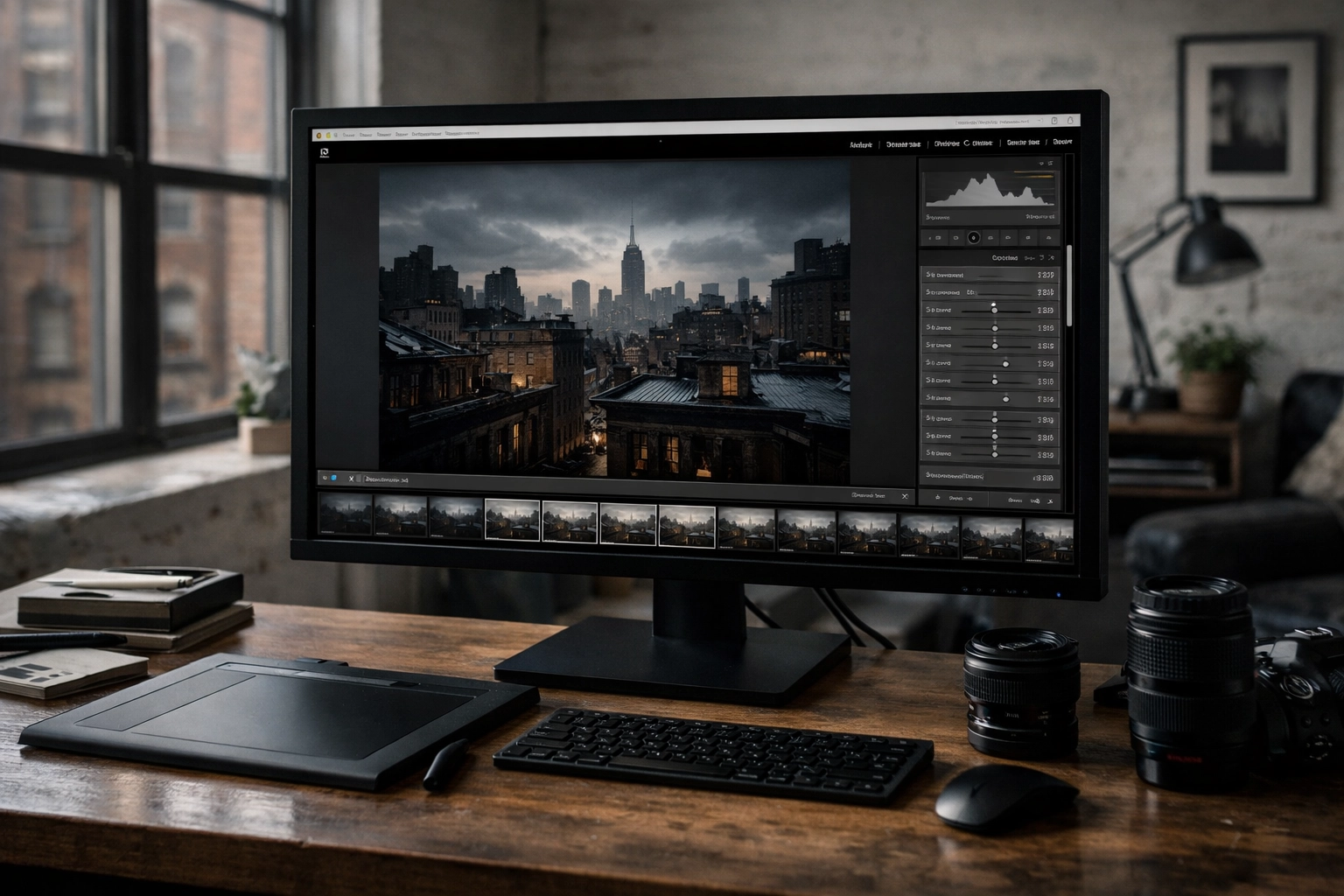 Fine art photography editing suite in a New York studio using professional Lightroom presets for museum quality results.