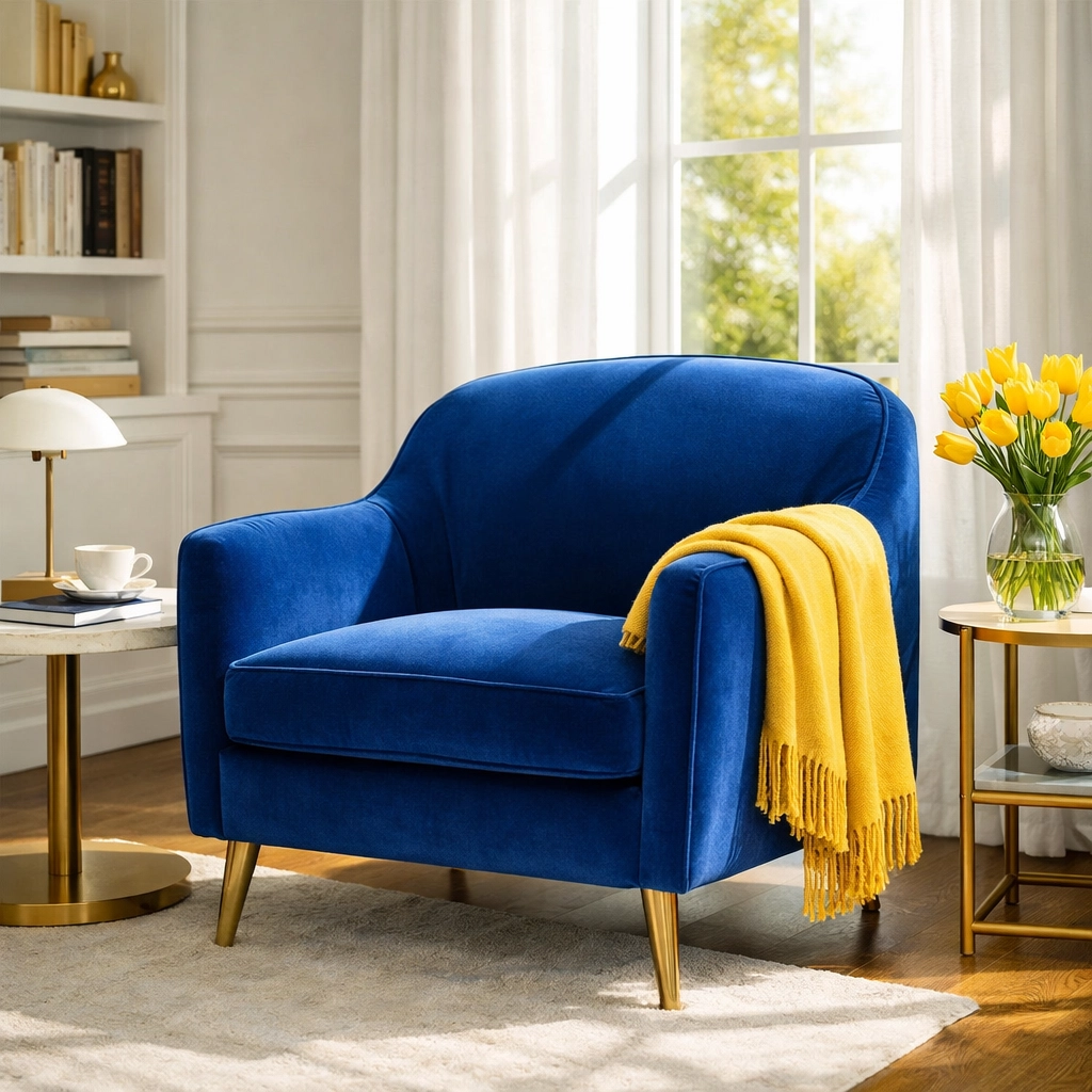 A spotless blue velvet armchair in a bright room illustrating deep upholstery cleaning.