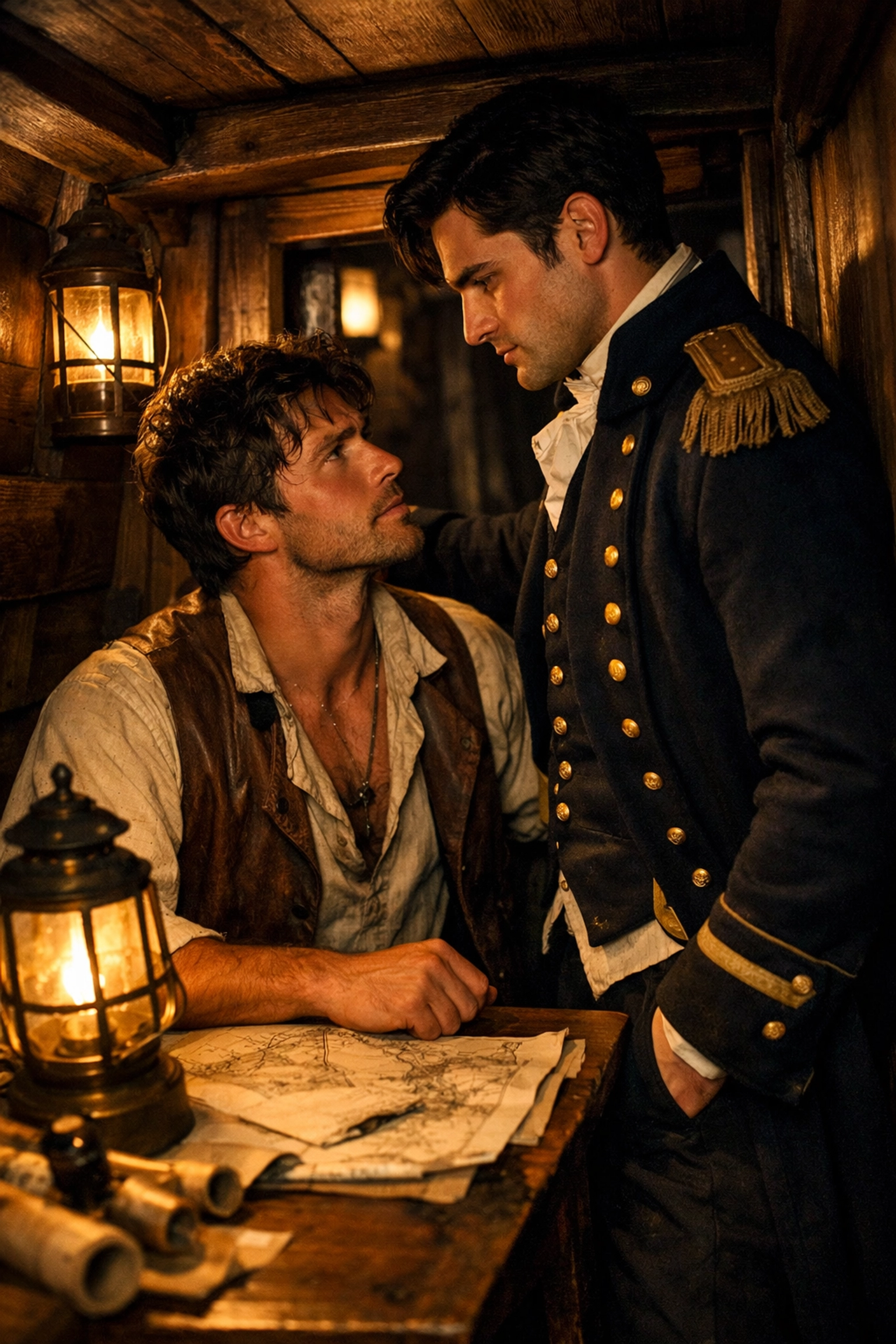 Two men in a historical ship cabin sharing a romantic gaze, representing forced proximity in MM romance books.