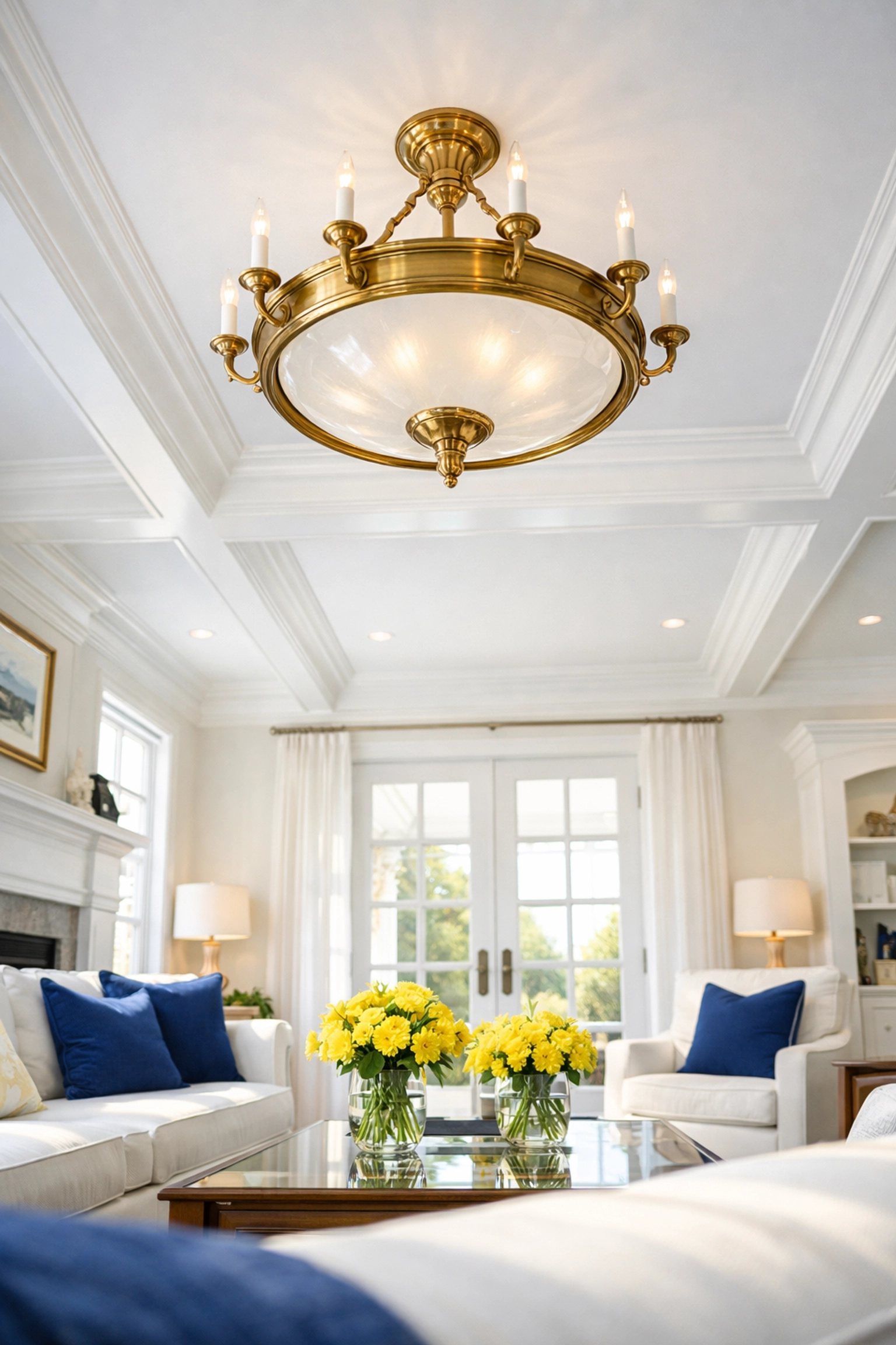 Sun-drenched Massachusetts living room showcasing high-to-low deep cleaning results on ceilings and furniture.