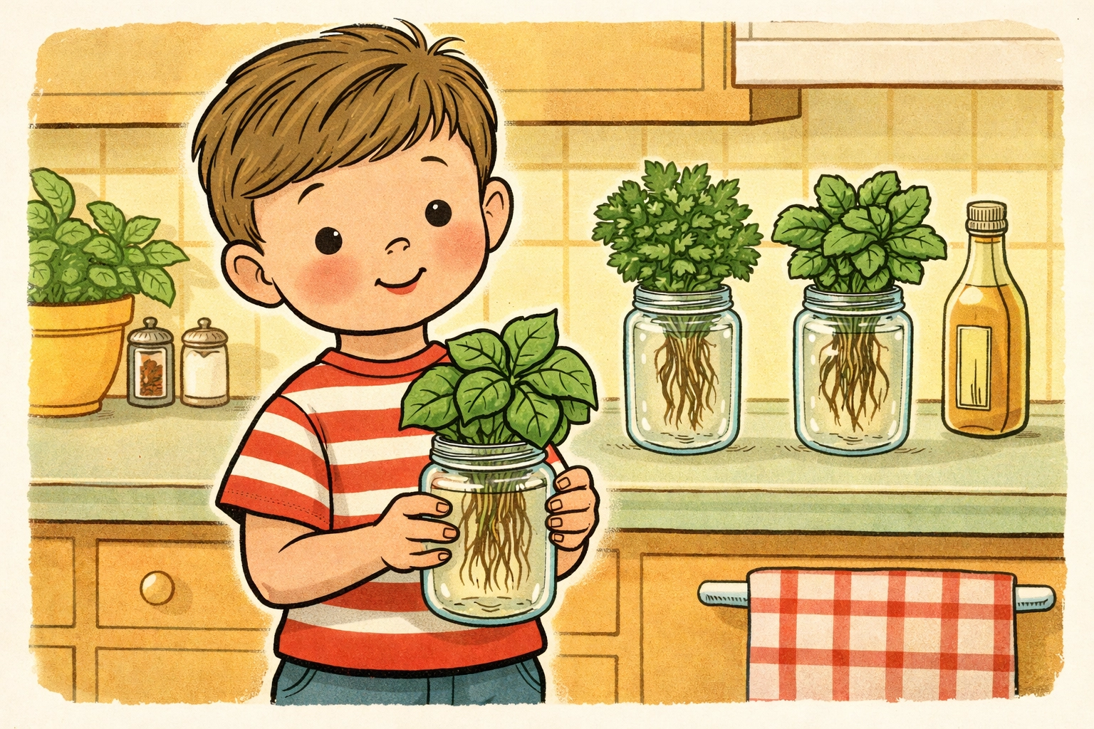Child proudly holds homegrown basil from a mason jar hydroponic project, with other herbs on the kitchen counter