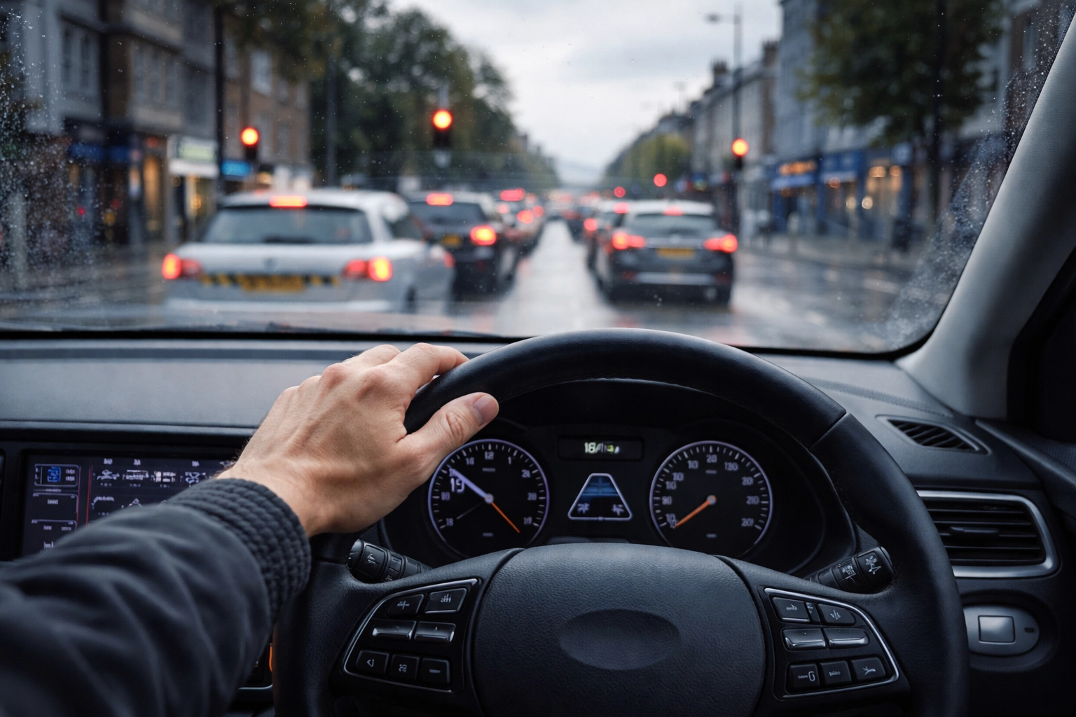 Driver’s hand on steering wheel in UK city traffic, illustrating ease of automatic cars in South Wales commutes.