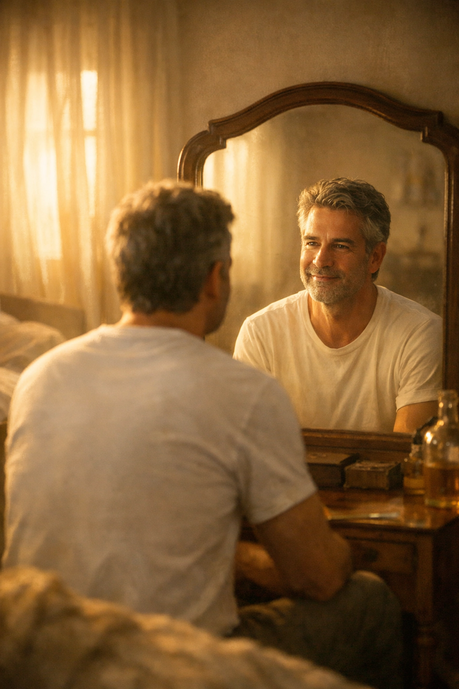 Man in his 50s contemplating coming out later in life while looking in mirror at dawn