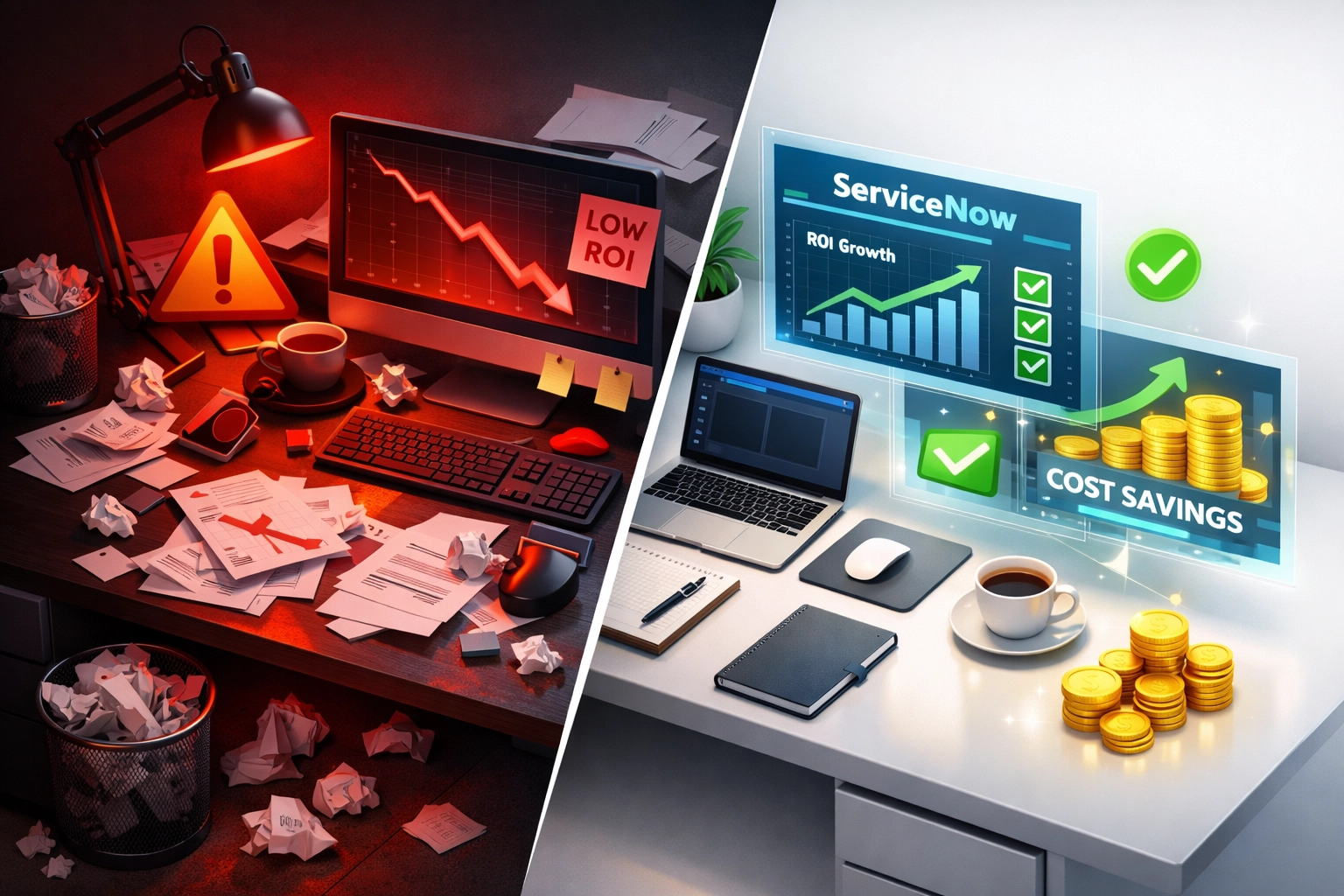 Poor vs. elite ServiceNow ITOM implementation ROI comparison showing efficiency gains