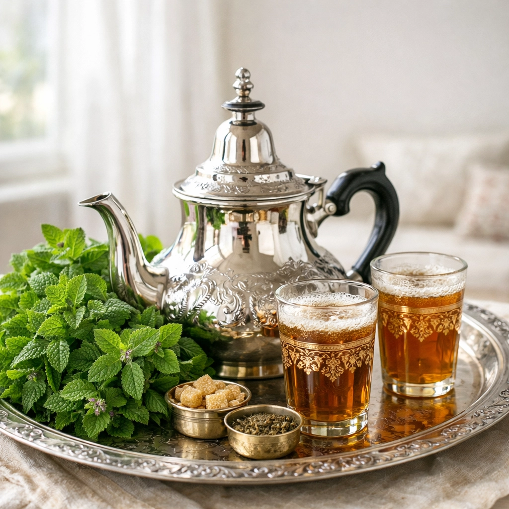 إبريق شاي مغربي فضي وحزمة فليو خضراء تعبر عن الدفء والراحة في التراث المغربي