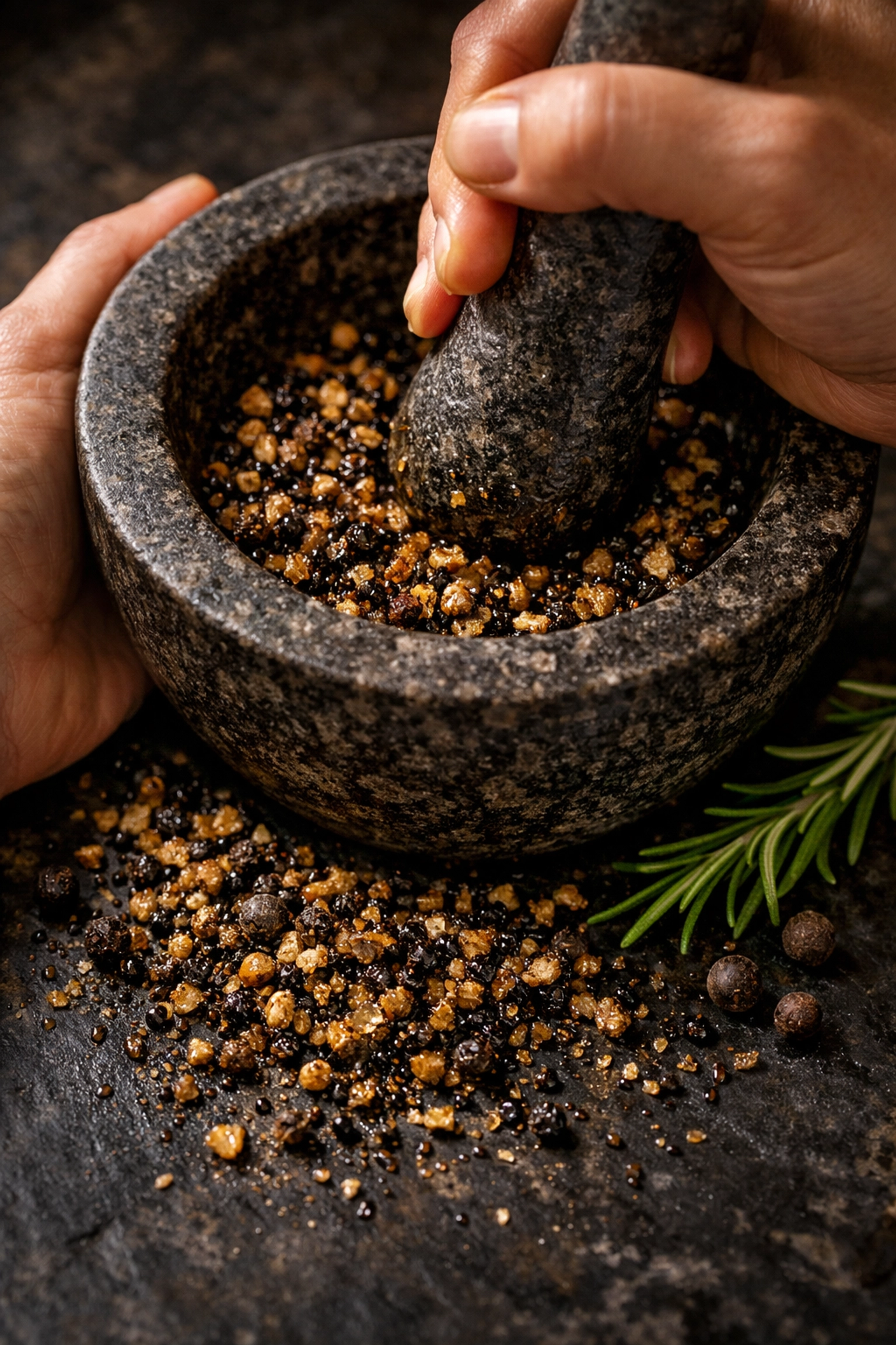 Hand-crushed Tellicherry black pepper in a mortar and pestle to release fresh essential oils.