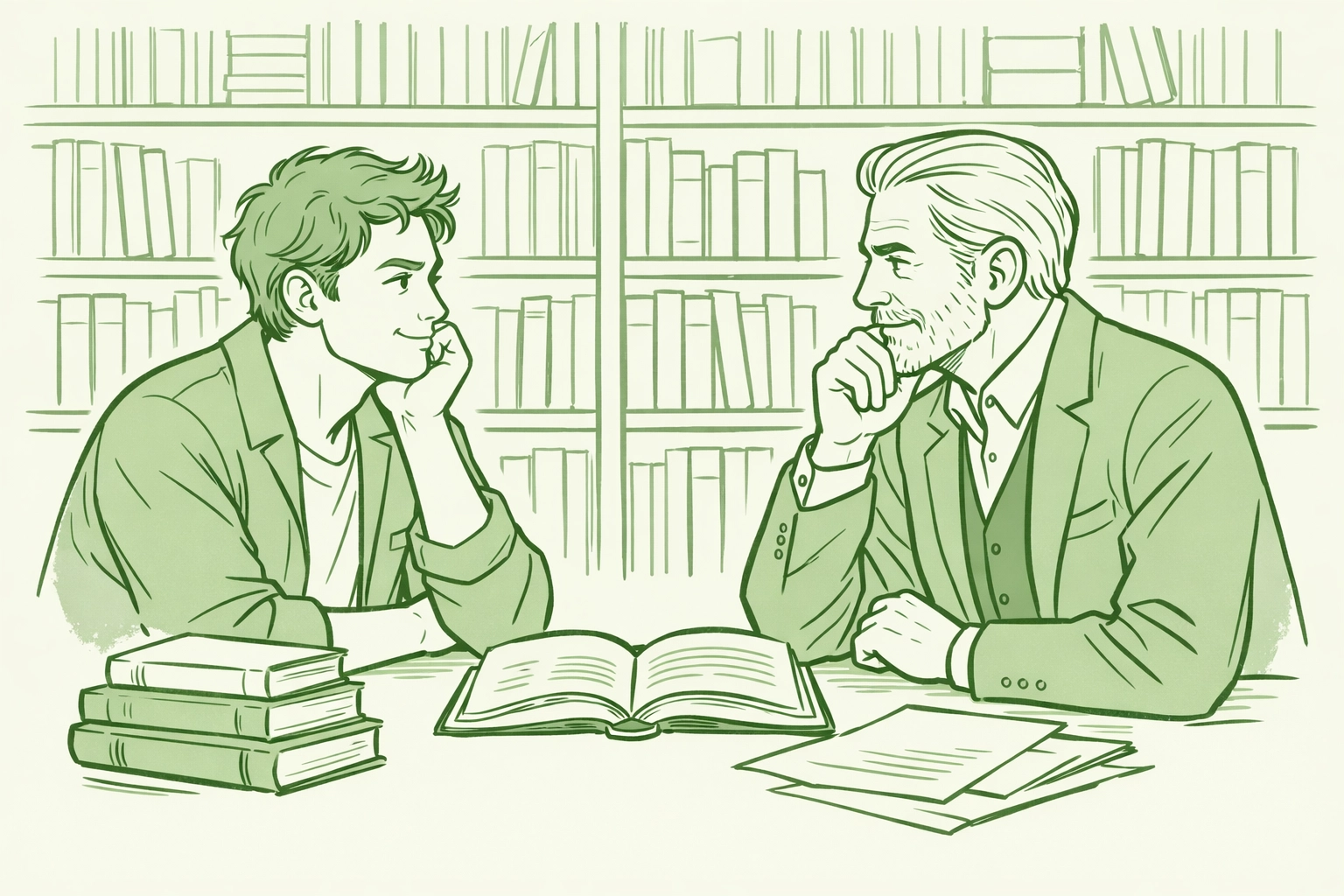 Two men discuss philosophy and civil rights in library representing literary MM romance themes